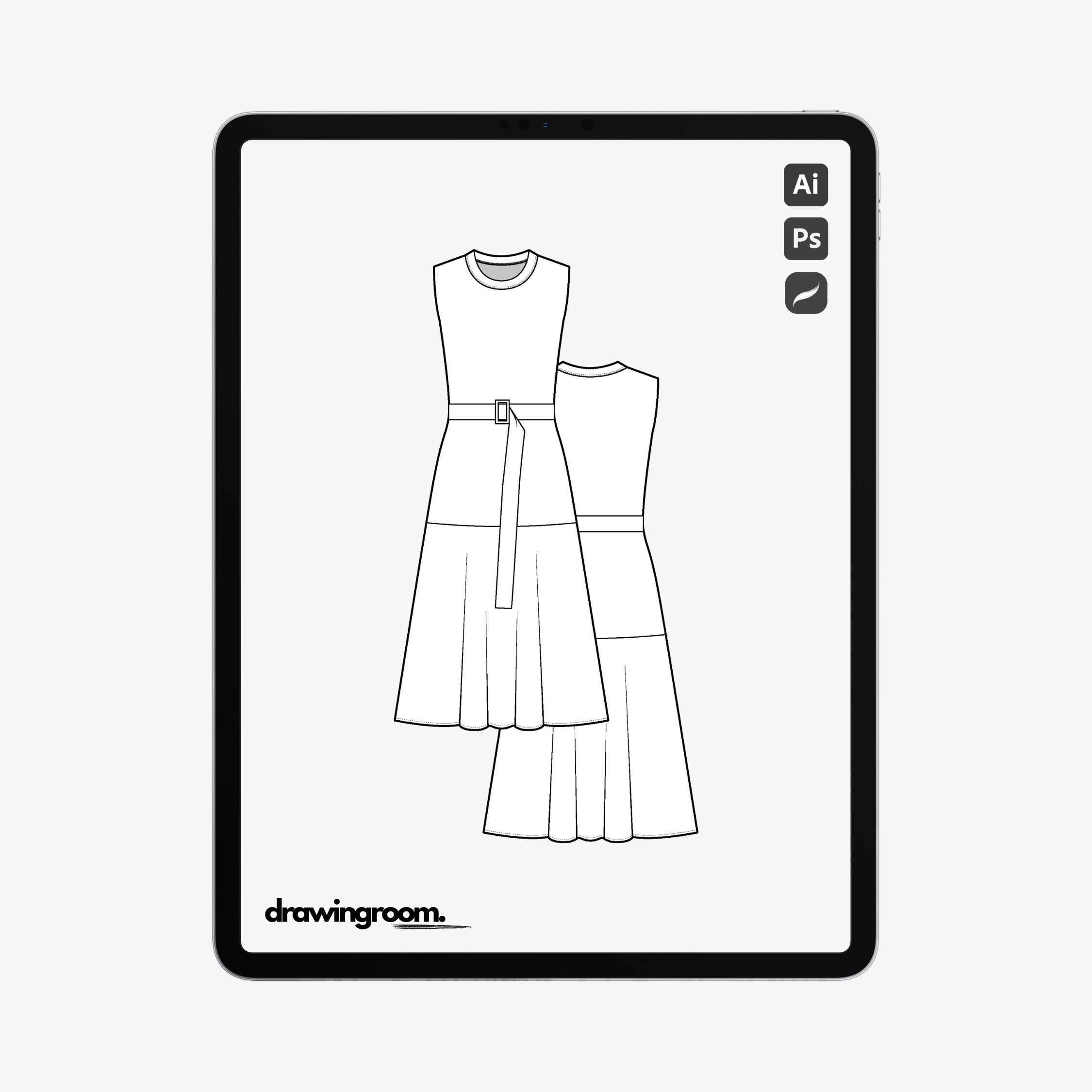 A-Line Calf Length Sleeveless Dress with Belt - Flat Mockup Vector