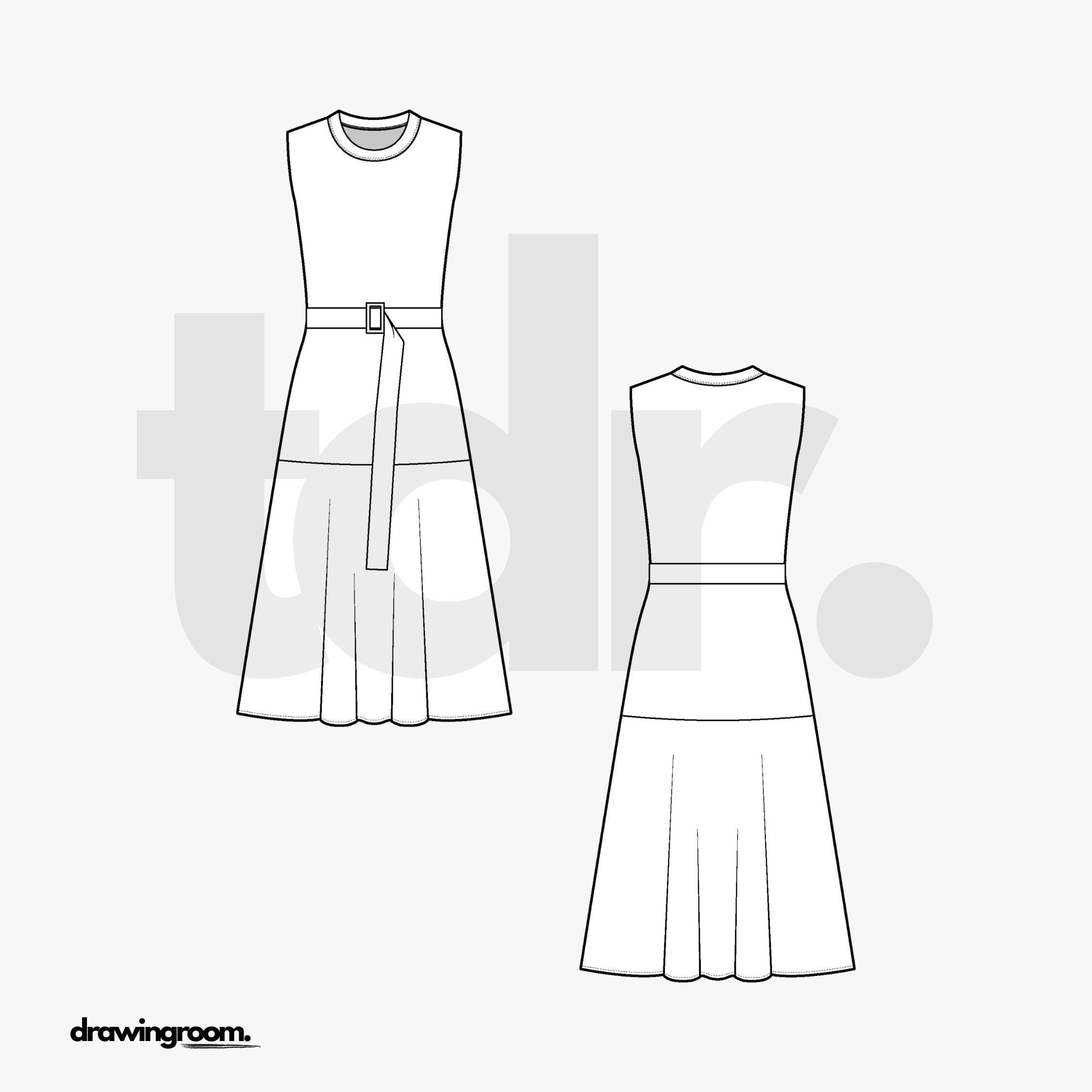 A-Line Calf Length Sleeveless Dress with Belt - Flat Mockup Vector