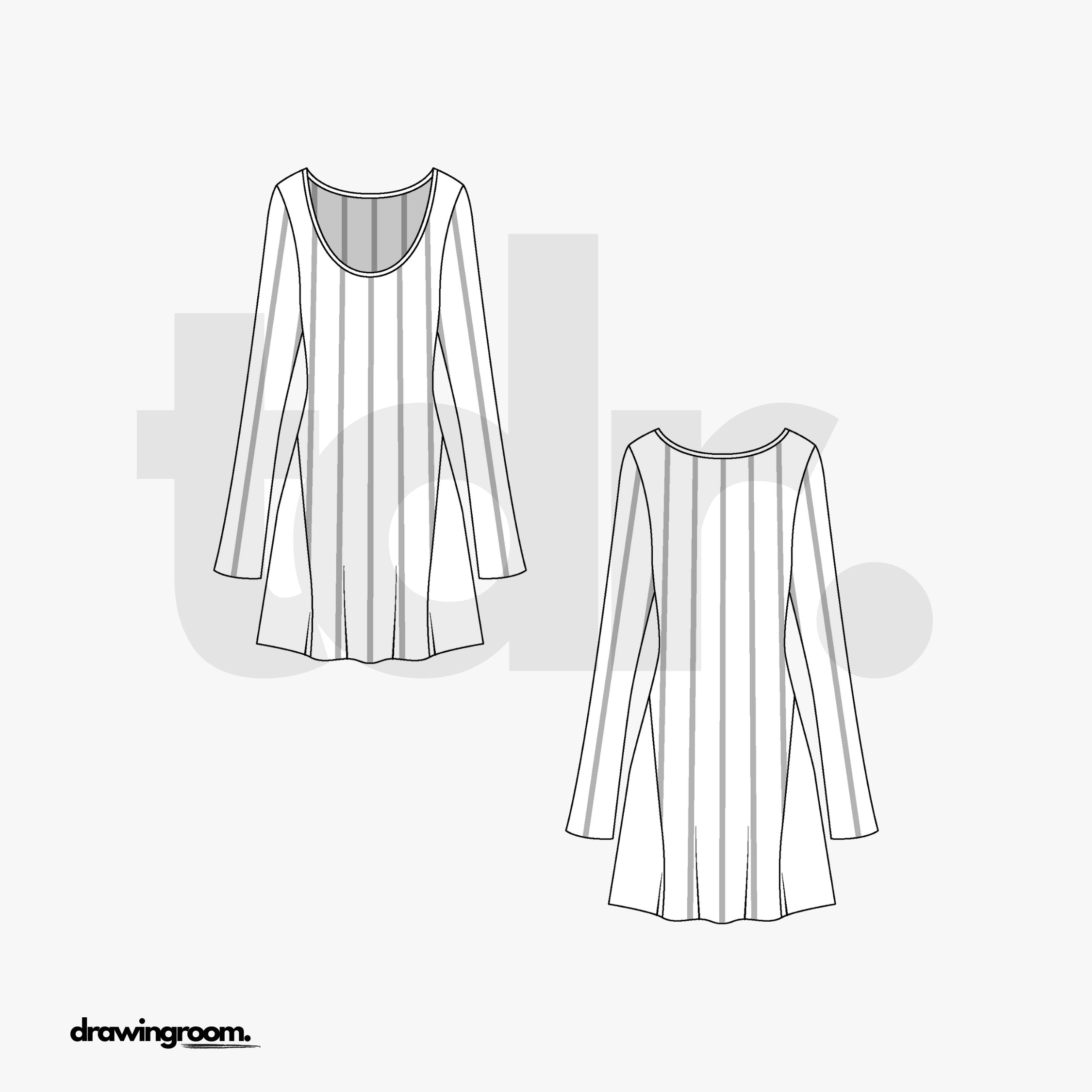 Above Knee Long Sleeve Dress with Side Godets - Flat Mockup Vector