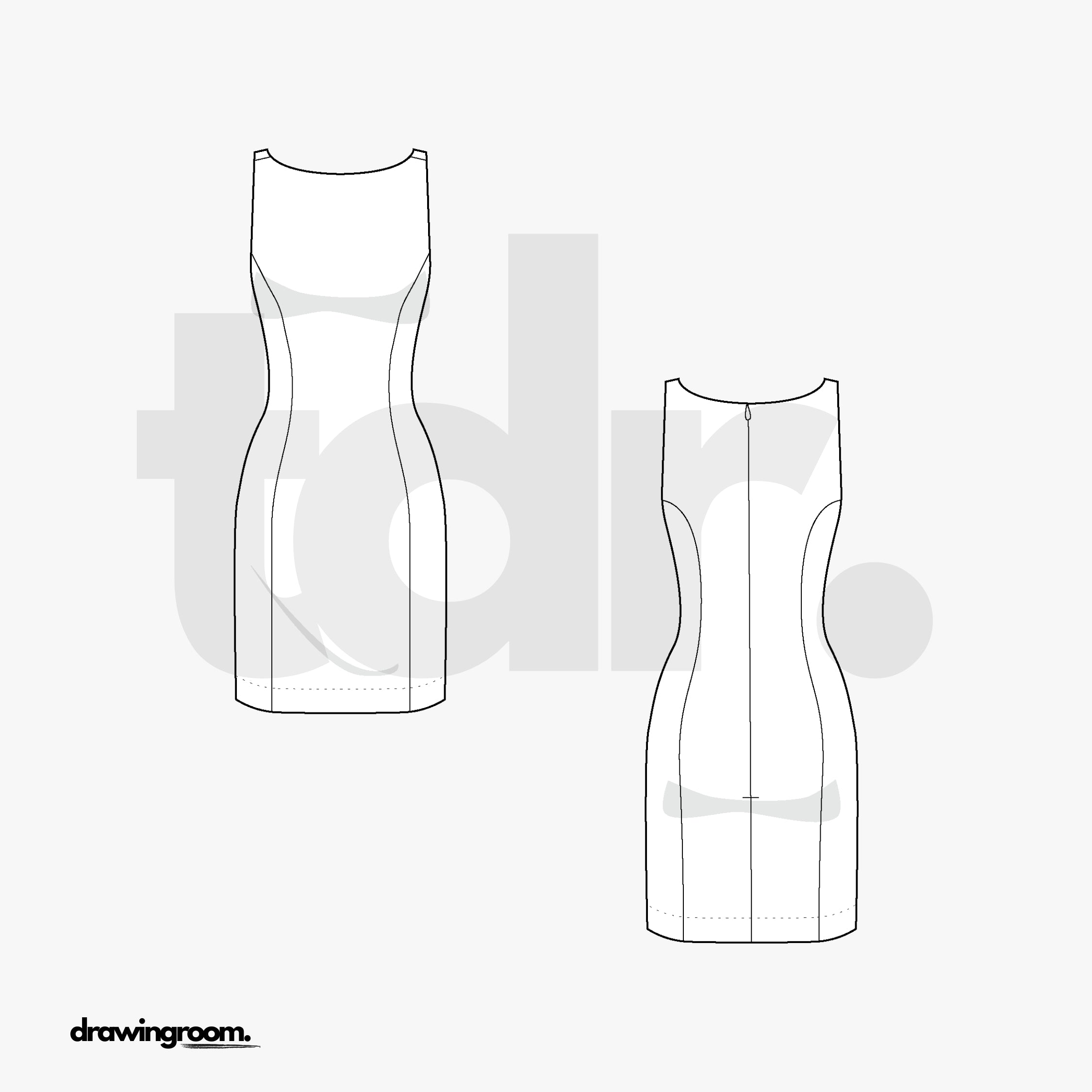 Above Knee Sheath Fit Sleeveless Princess Cut Dress - Flat Mockup Vector