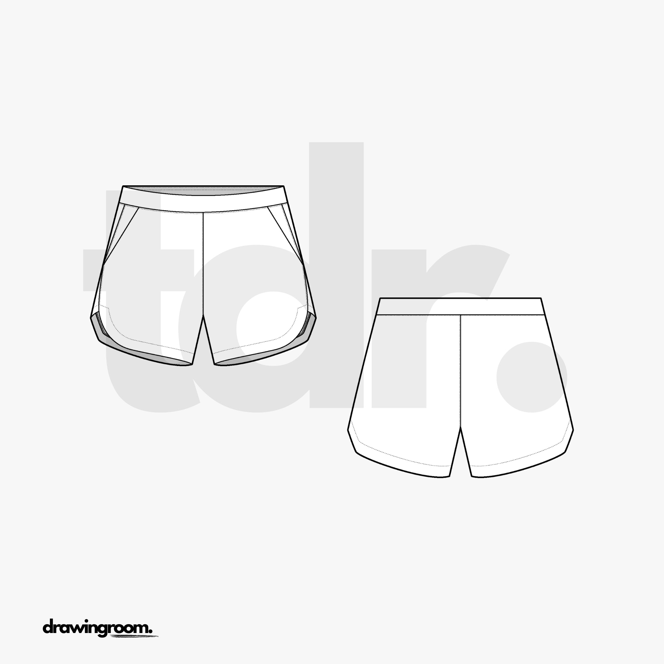 Athletic Shorts with Curved Side Seam Hem and Slash Pockets - Flat Mockup Vector