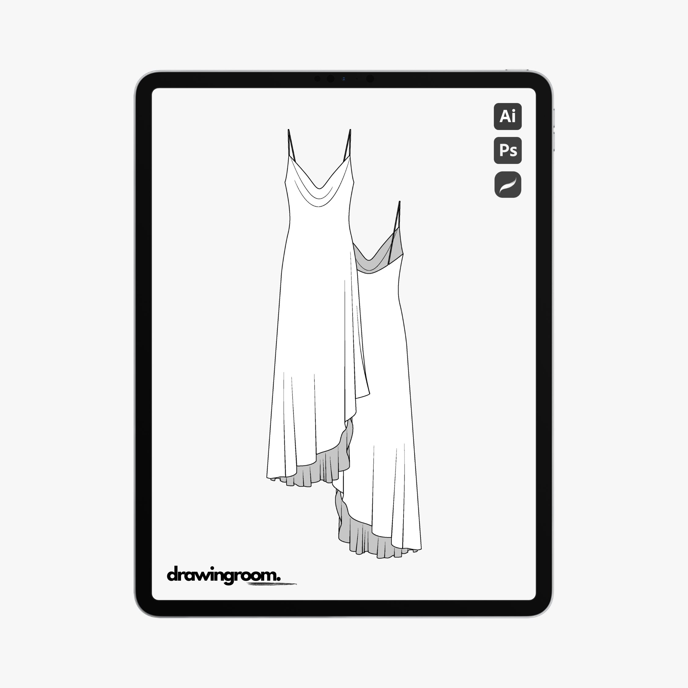 Asymmetrical Hem Dress with A Cowl Neckline - Flat Mockup Vector