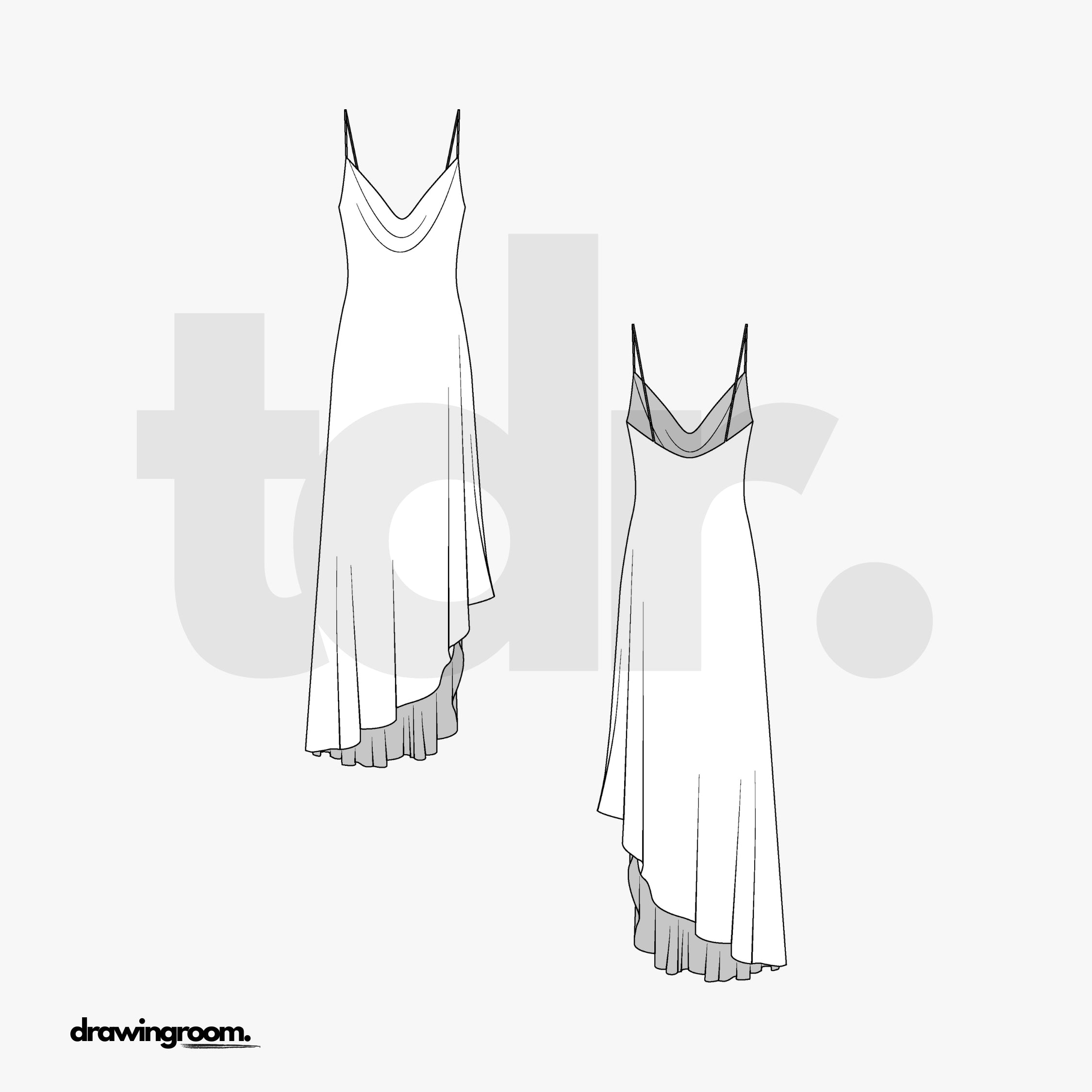 Asymmetrical Hem Dress with A Cowl Neckline - Flat Mockup Vector