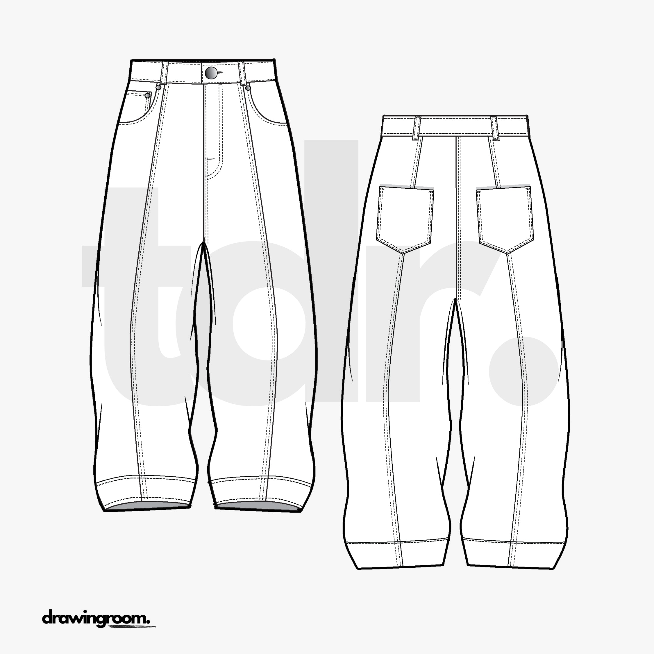 Baggy Fit Jeans with Cut and Sew Detail - Flat Mockup Vector