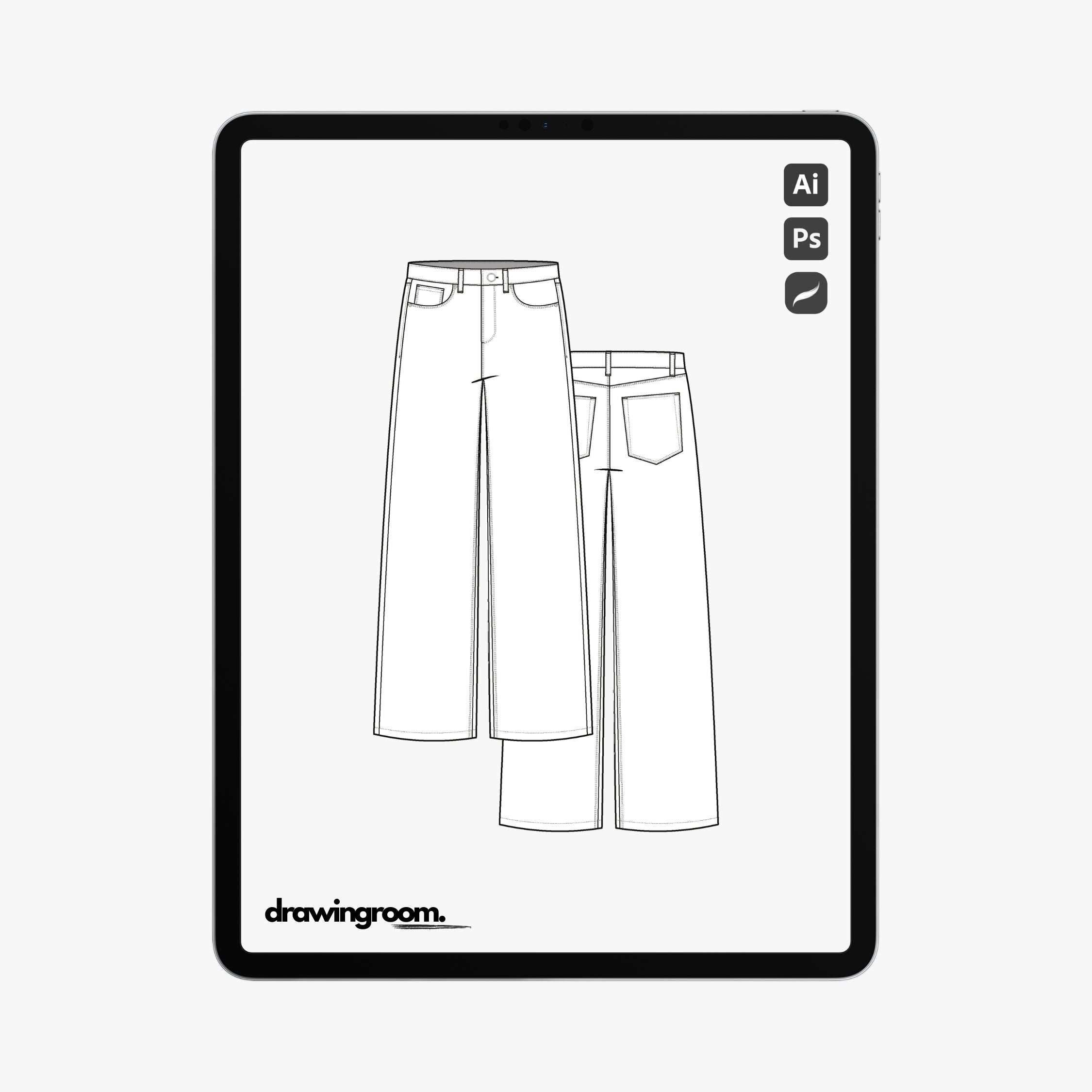 Baggy Wide Leg Jeans - Flat Mockup Vector