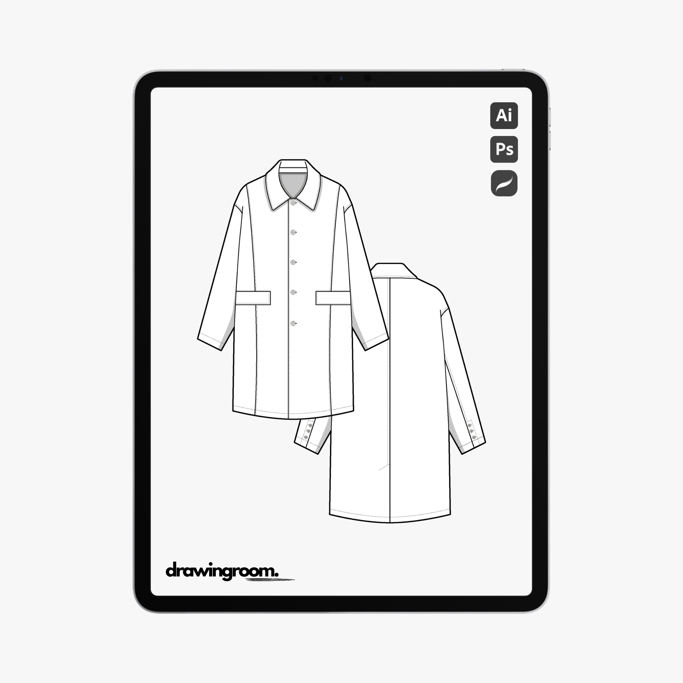 Button Up Long Jacket with Princess Seam Cut and Sew Detail - Flat Mockup Vector