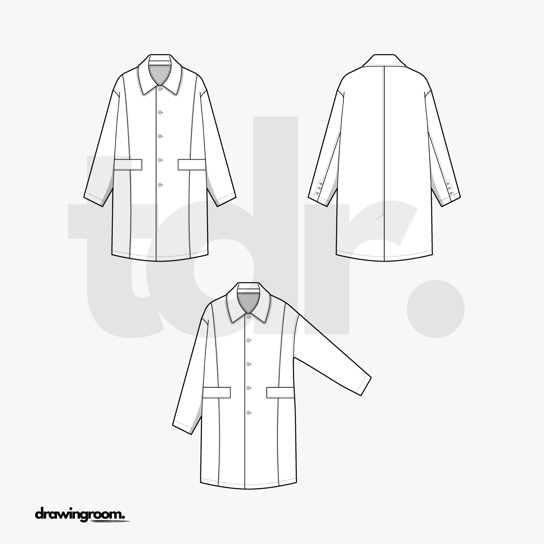 Button Up Long Jacket with Princess Seam Cut and Sew Detail - Flat Mockup Vector