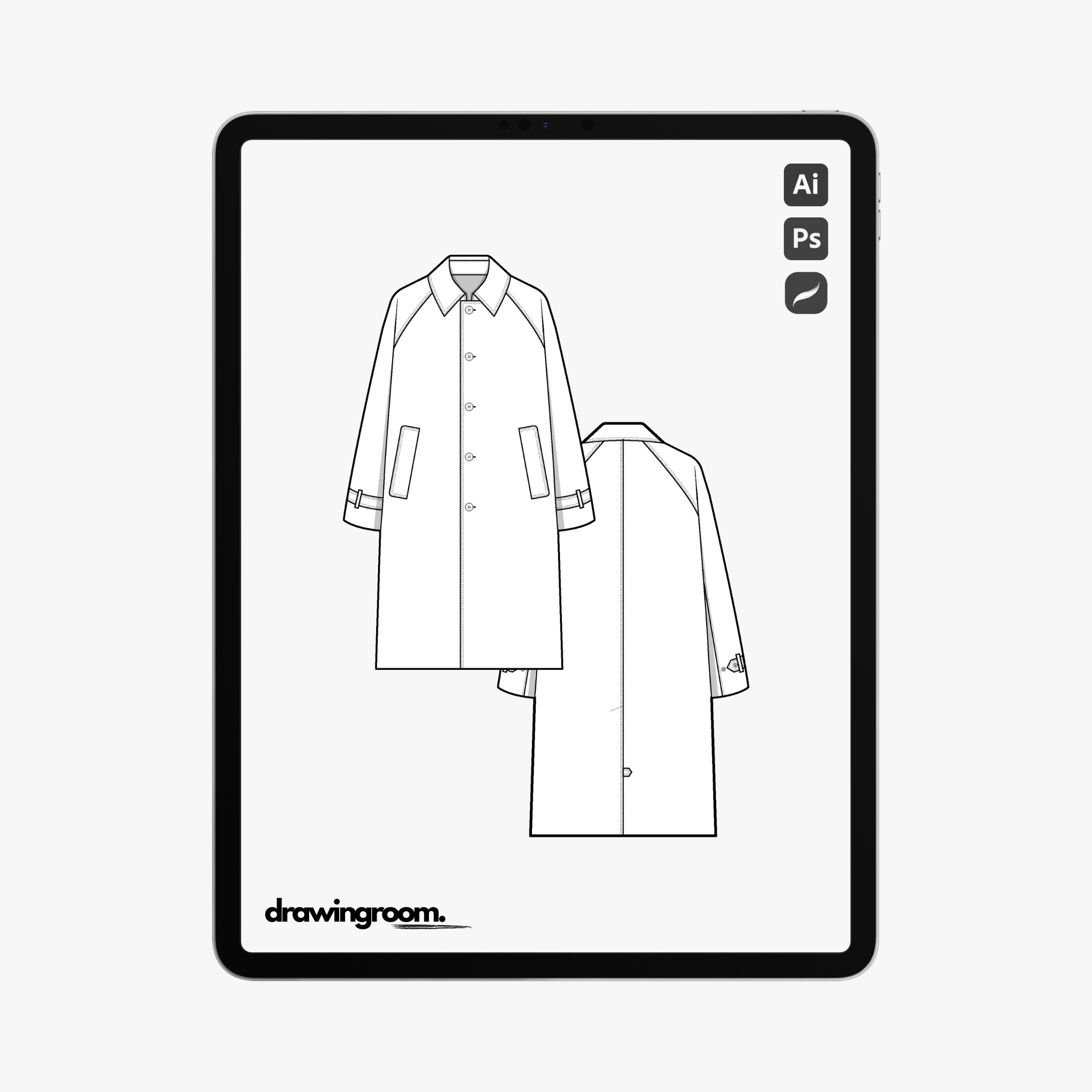 Button Up Long Jacket with Raglan Sleeves - Flat Mockup Vector