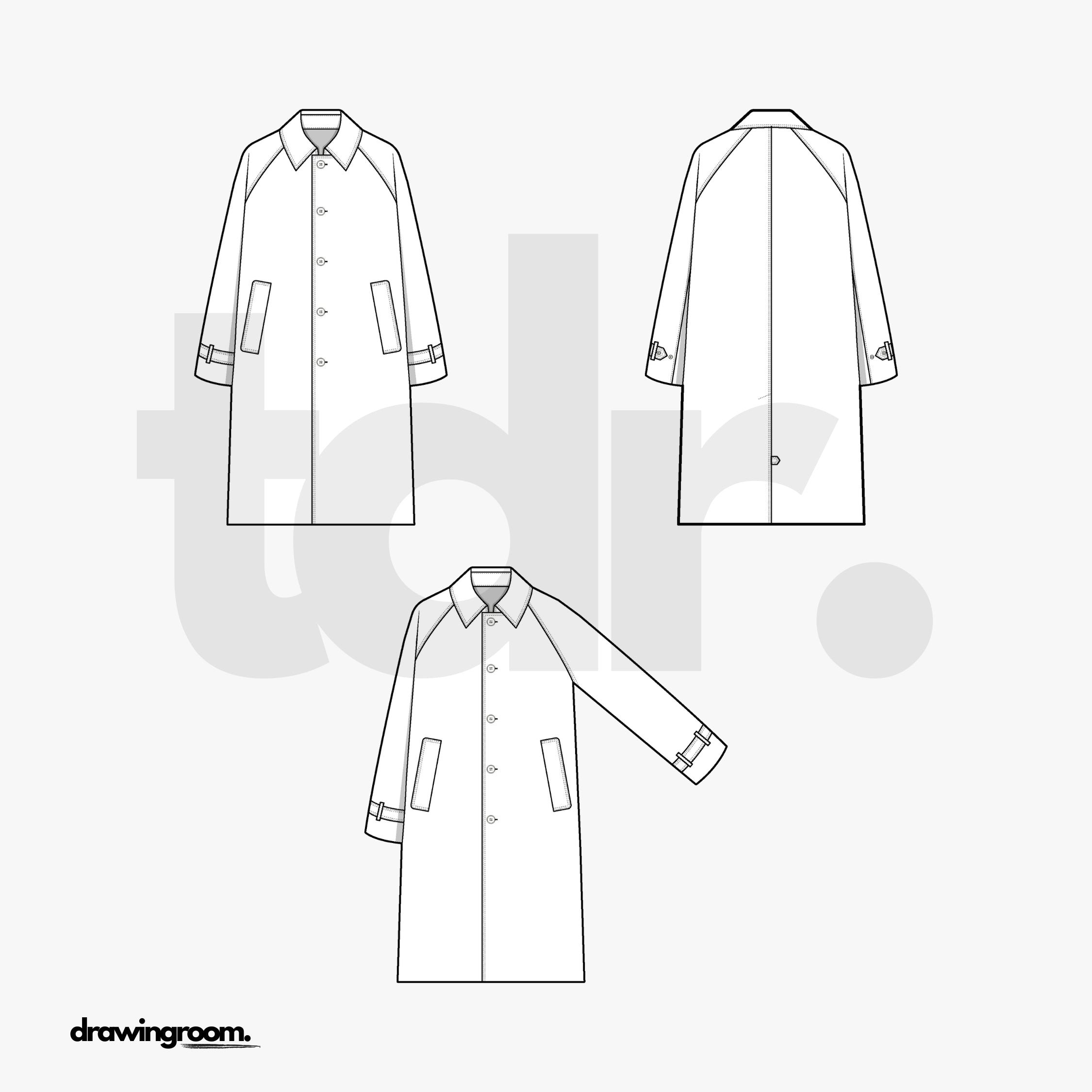 Button Up Long Jacket with Raglan Sleeves - Flat Mockup Vector