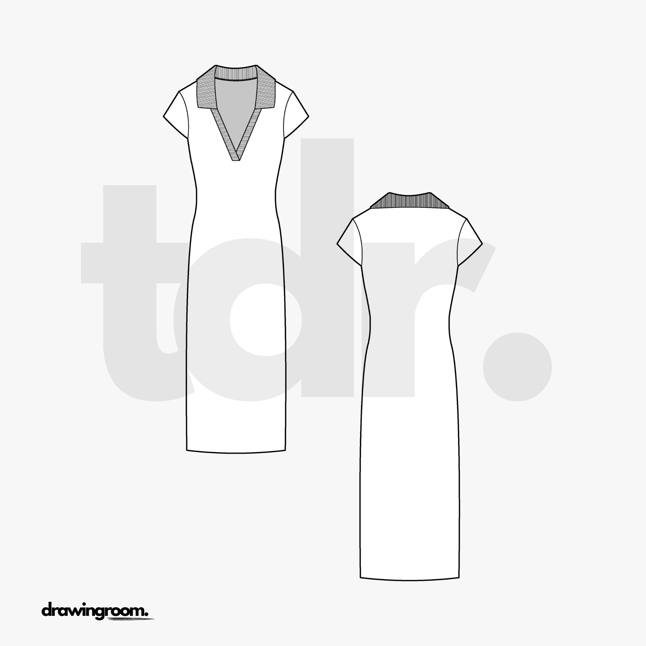 Calf Length Fitted Dress with Open Polo Collar - Flat Mockup Vector