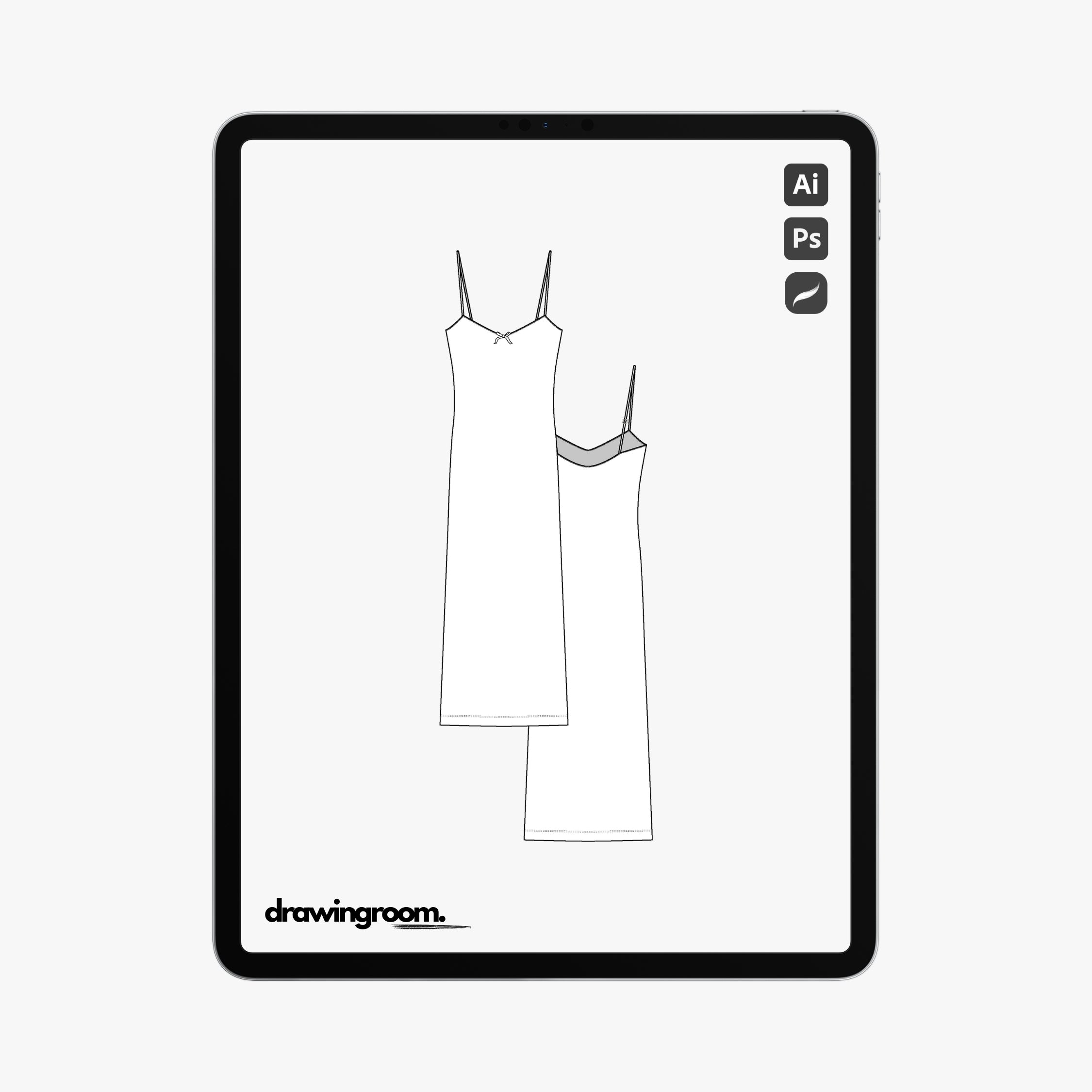 Calf Length Fitted Dress with Spaghetti Straps and Bow - Flat Mockup Vector