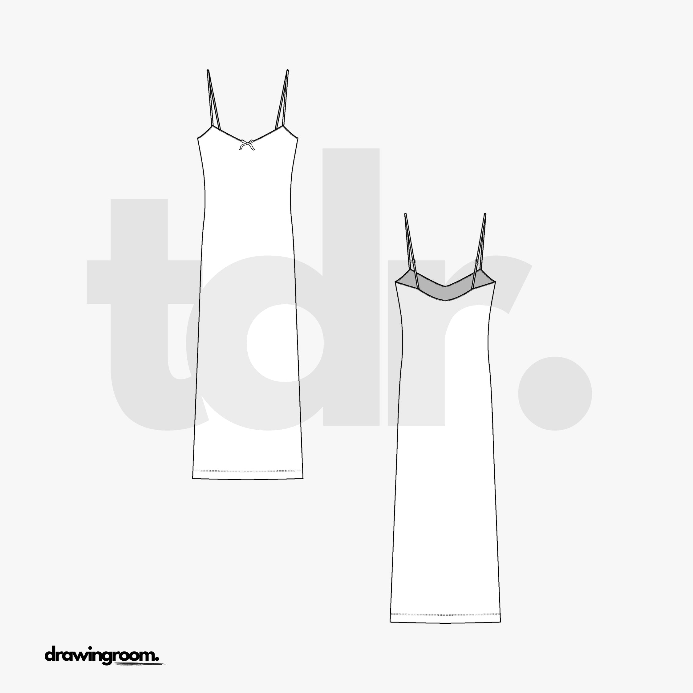 Calf Length Fitted Dress with Spaghetti Straps and Bow - Flat Mockup Vector