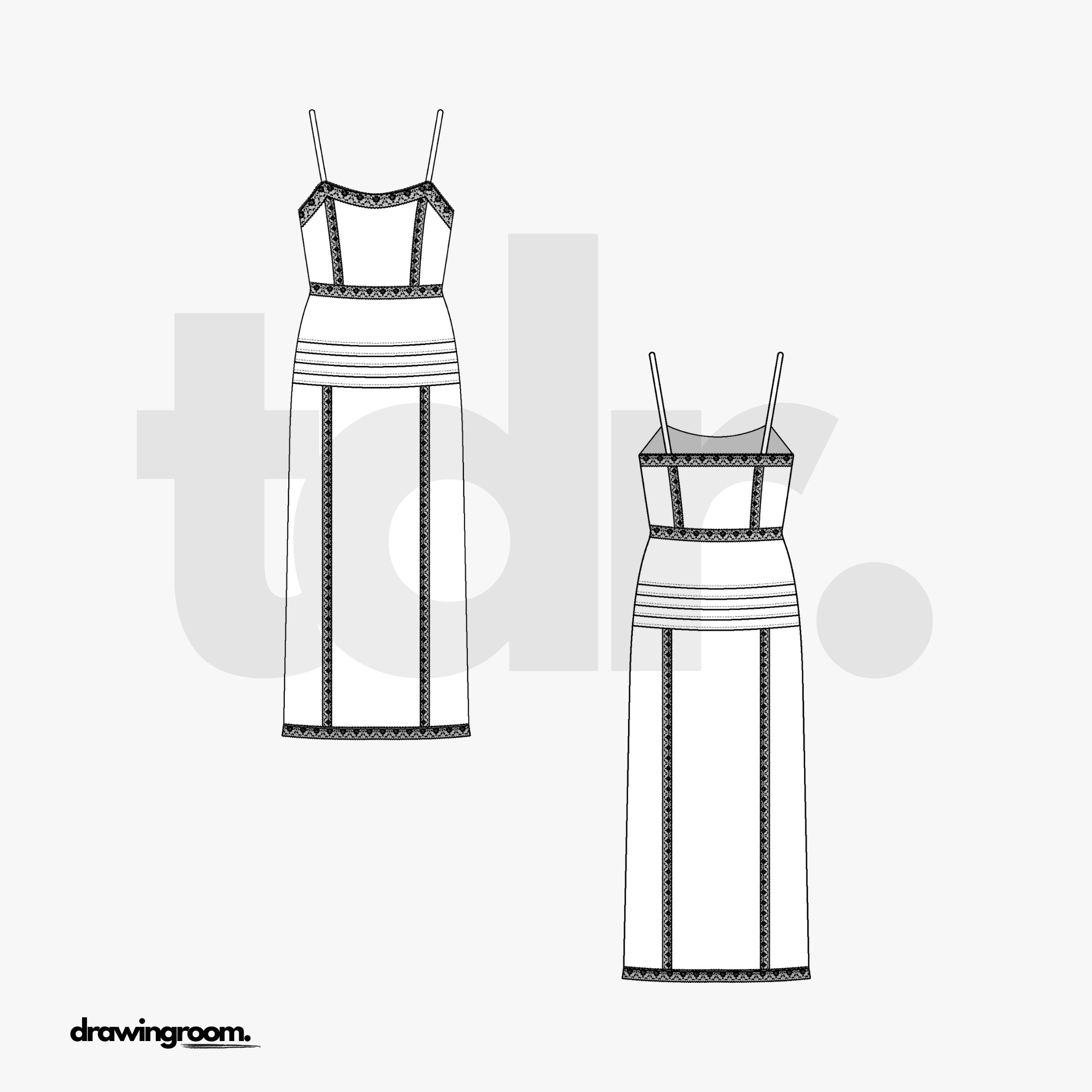 Calf Length Fitted Dress with Trim Edging - Flat Mockup Vector