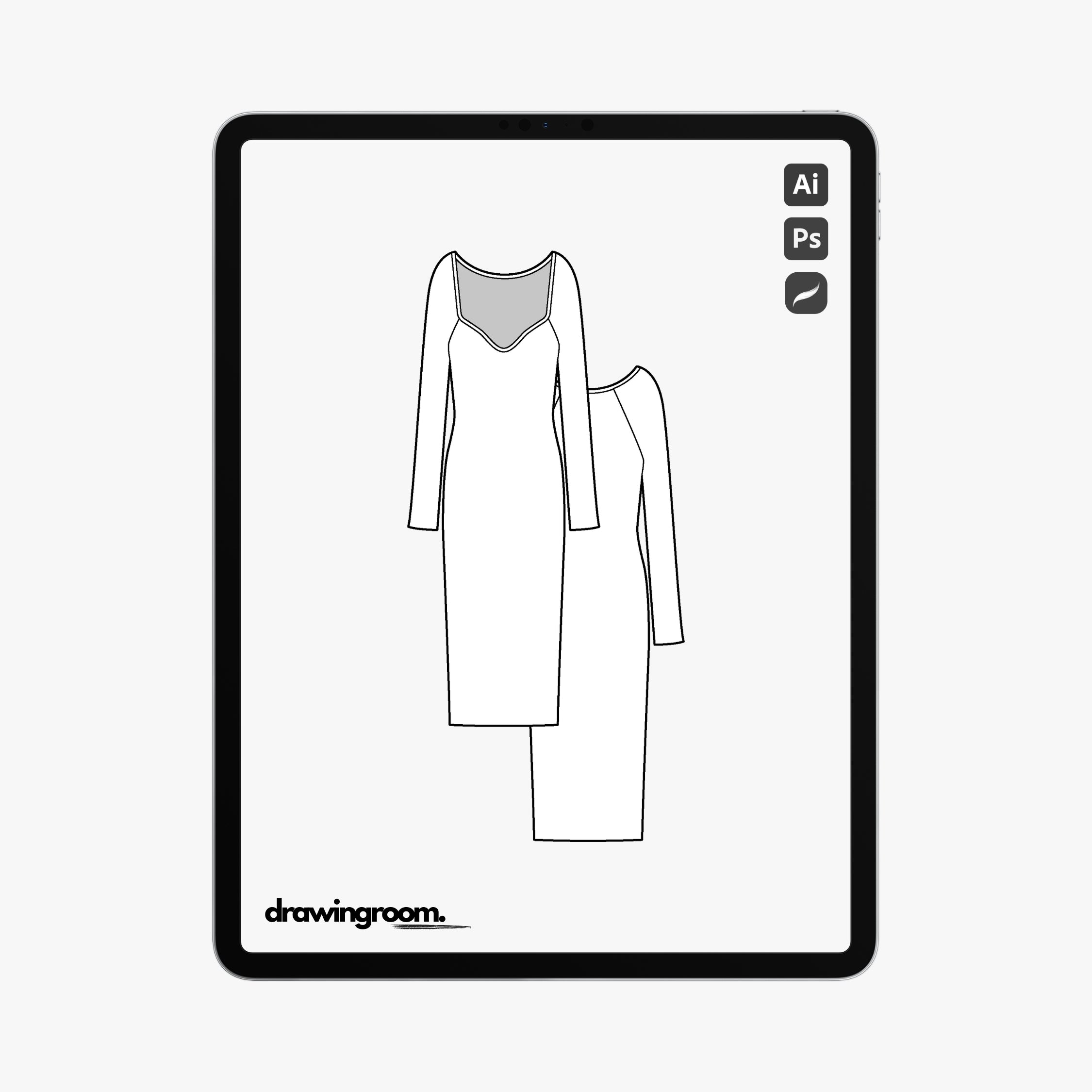 Calf Length Long Sleeve Dress with Square V-Neck - Flat Mockup Vector