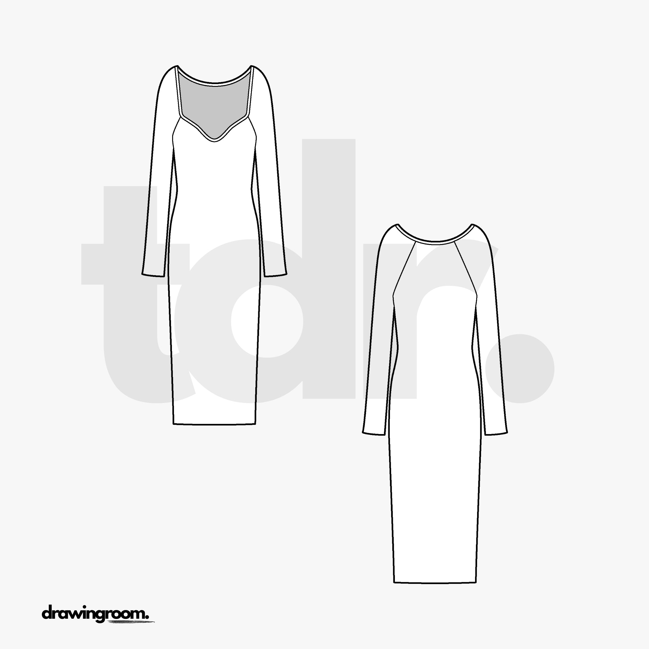 Calf Length Long Sleeve Dress with Square V-Neck - Flat Mockup Vector