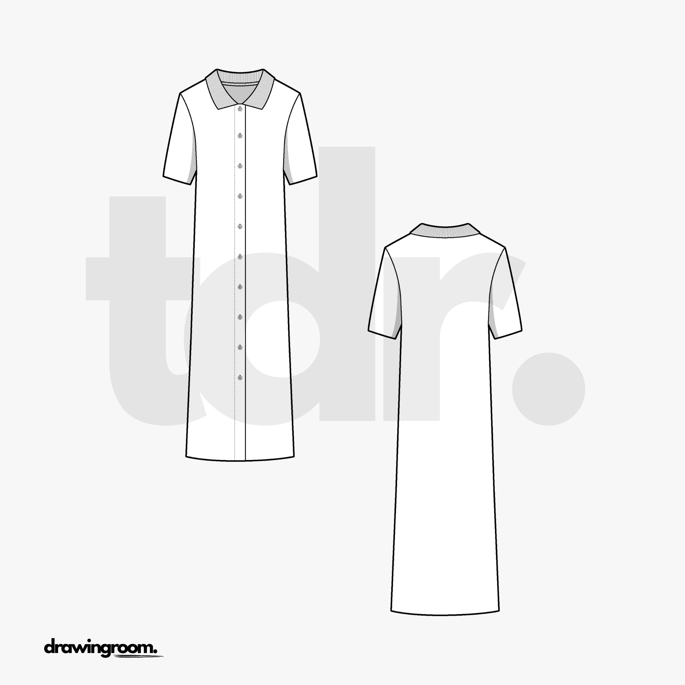 Calf Length Short Sleeve Button Up Dress - Flat Mockup Vector