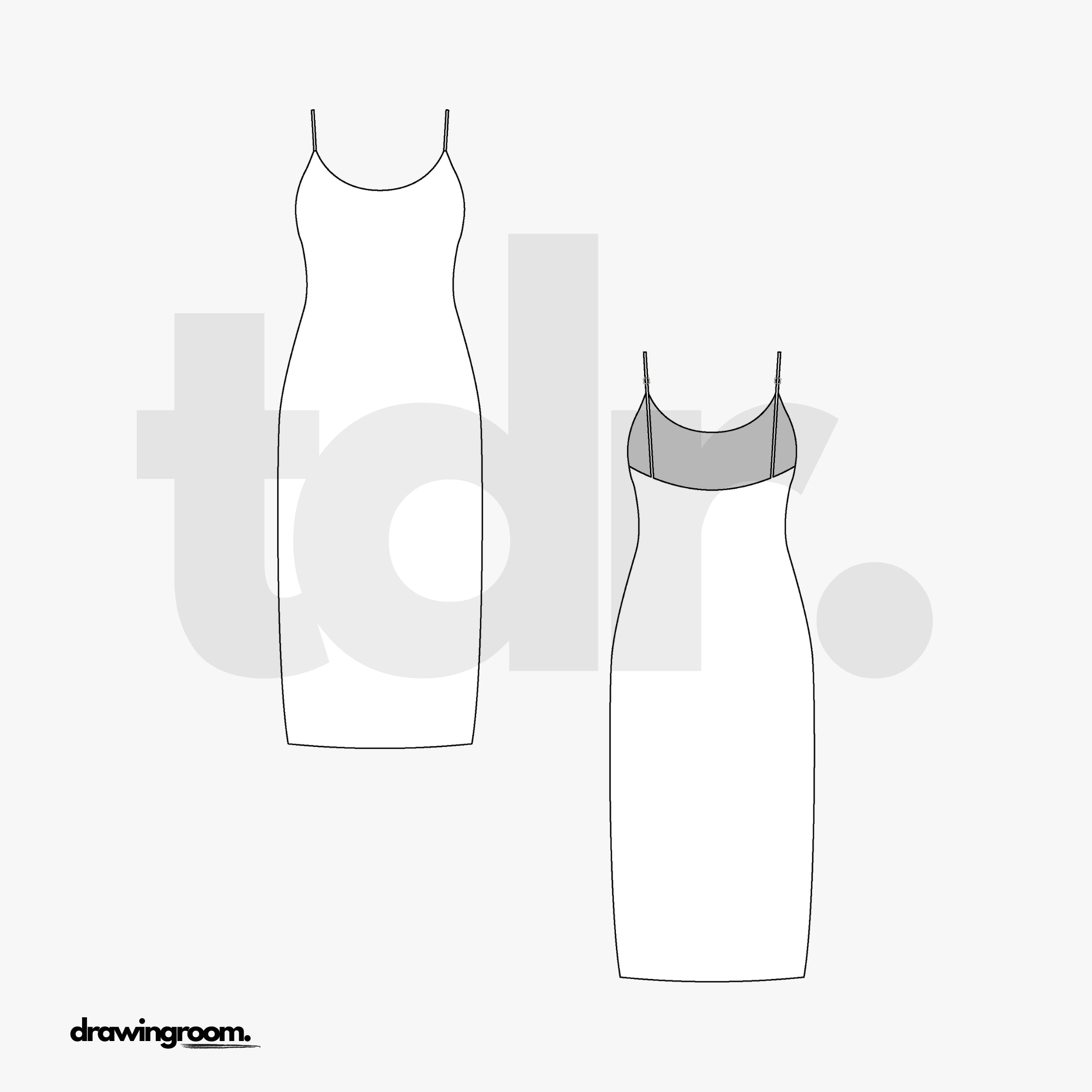 Calf Length Spaghetti Strap Fitted Dress - Flat Mockup Vector