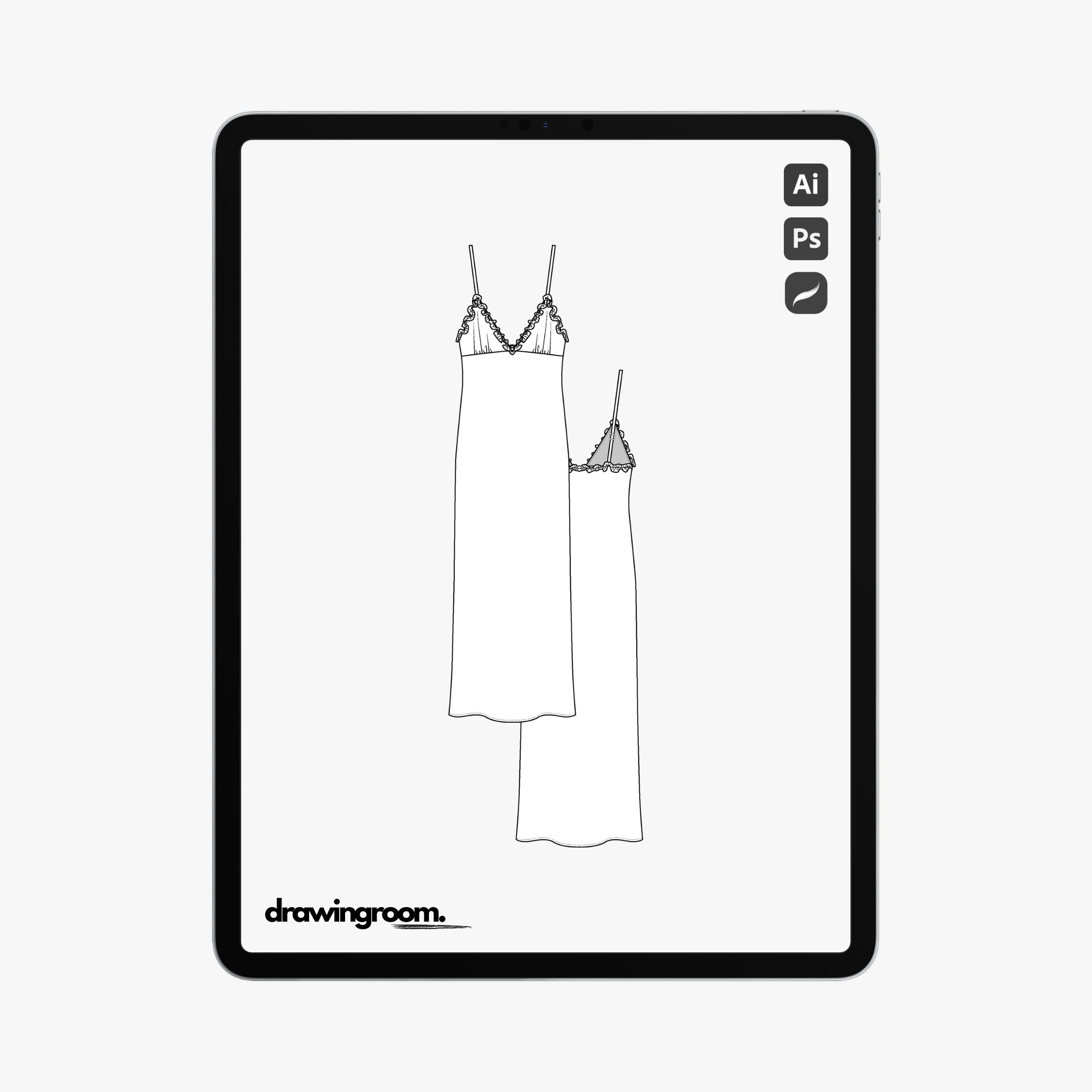 Calf Length Triangle Top Sheath Slip Dress - Flat Mockup Vector