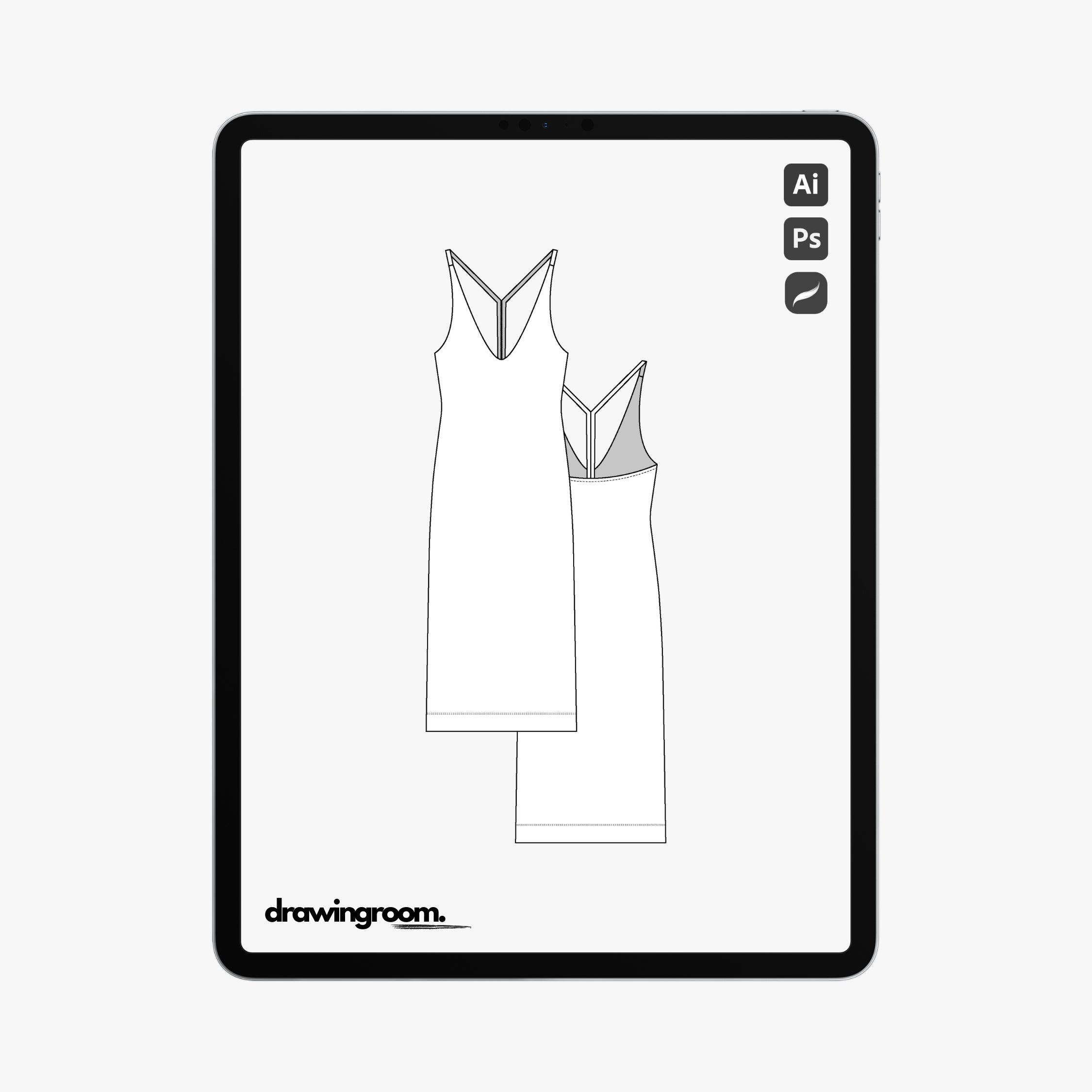 Calf Length V-Neck Dress - Flat Mockup Vector