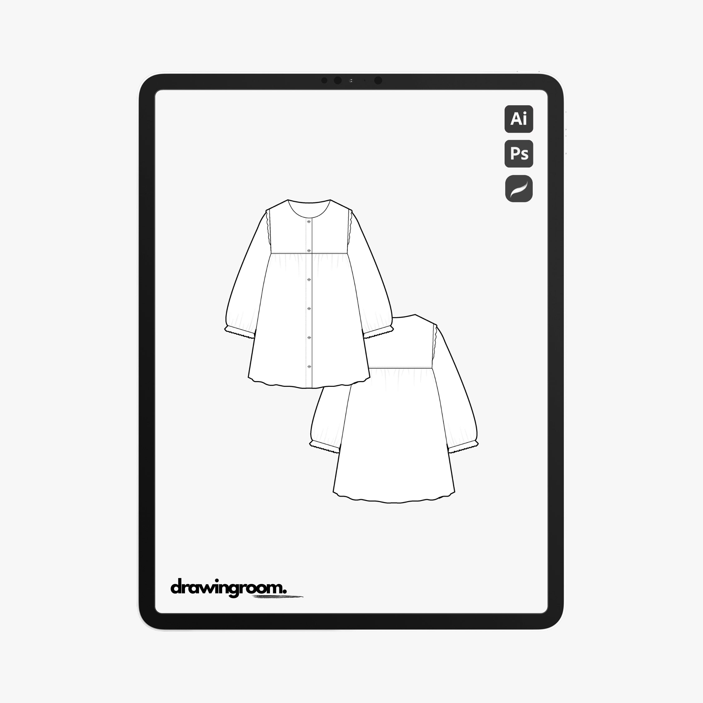 Children's Empire Waist Long Sleeve Button Up Dress - Flat Mockup Vector