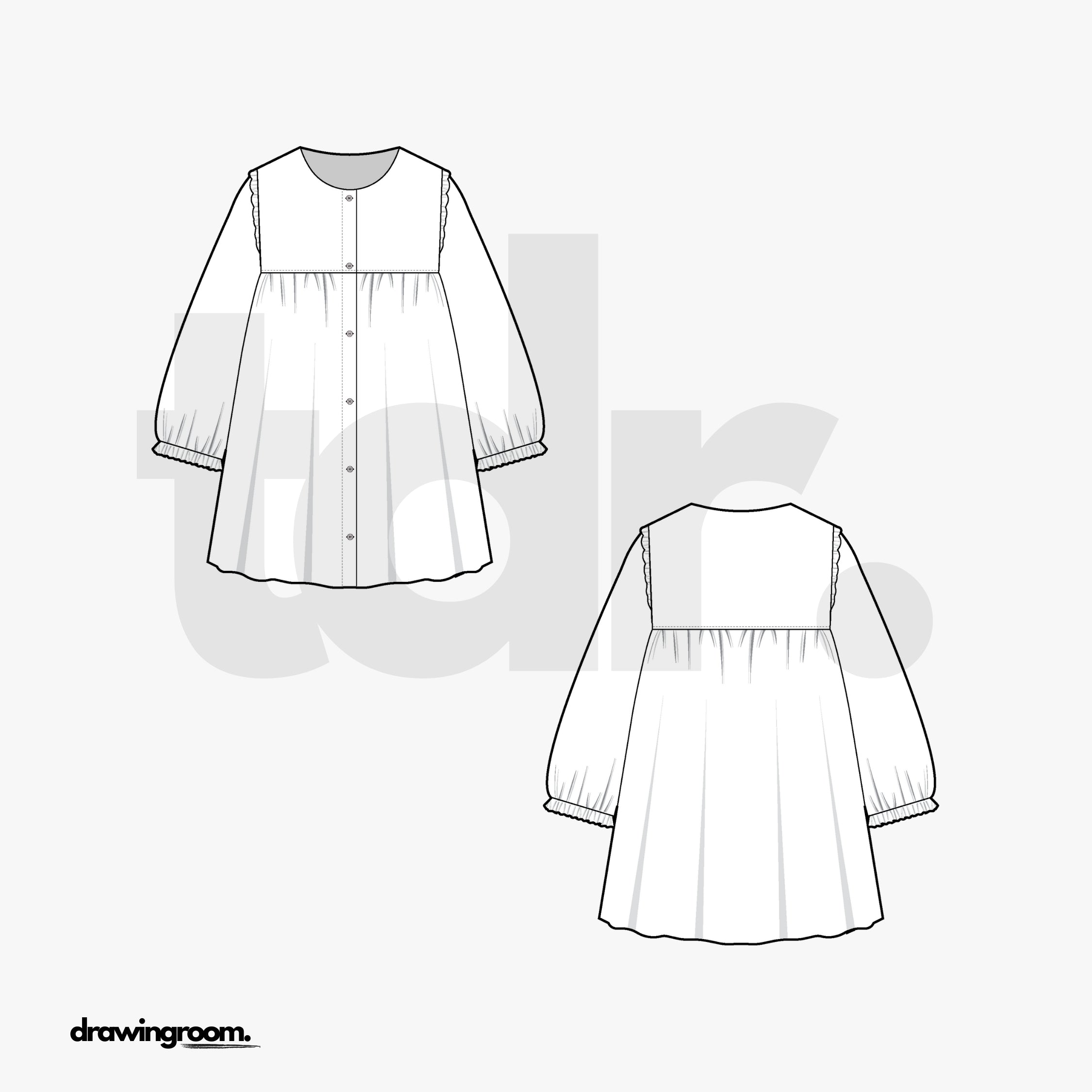 Children's Empire Waist Long Sleeve Button Up Dress - Flat Mockup Vector