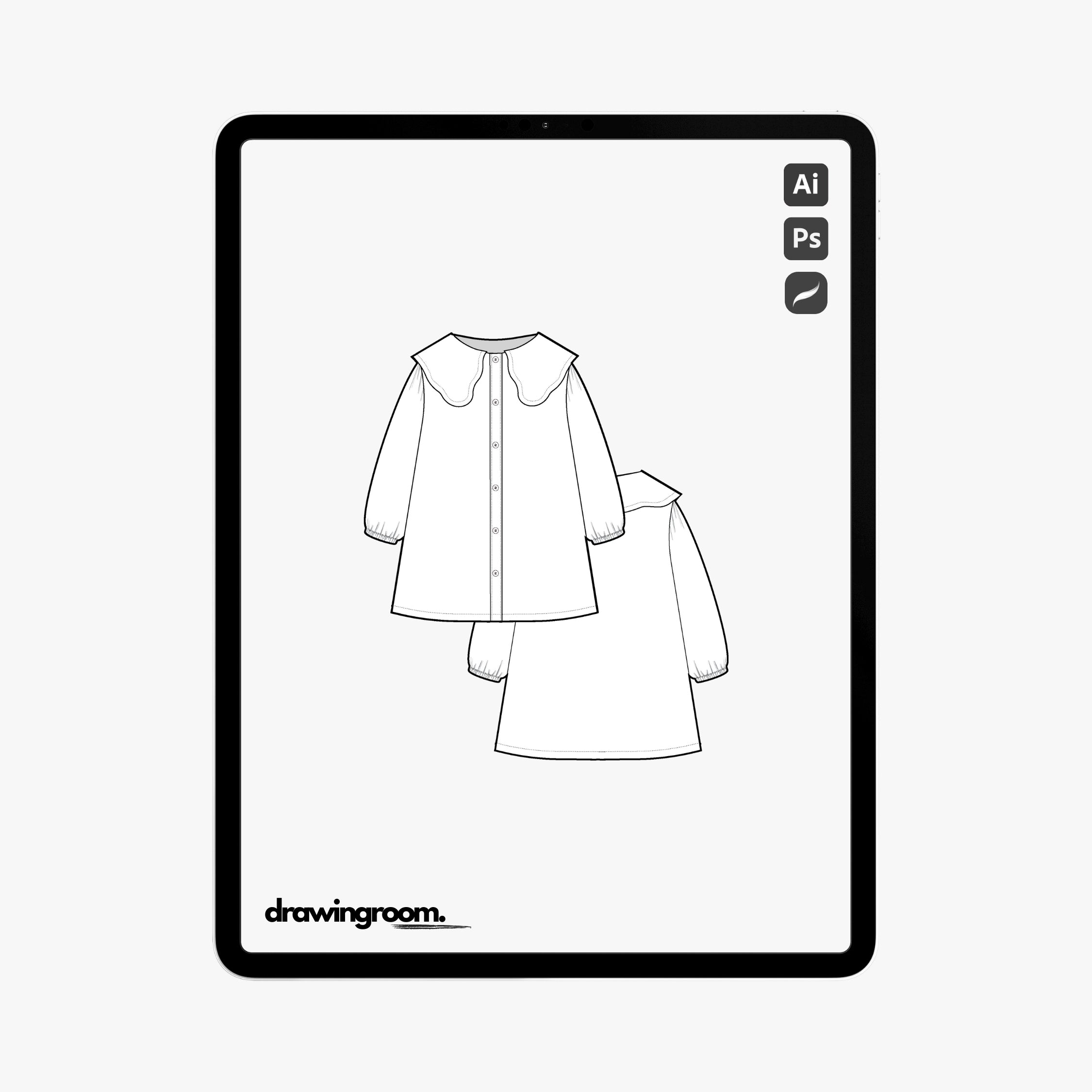 Children's Long Sleeve Button Up Dress with Peter Pan Collar - Flat Mockup Vector