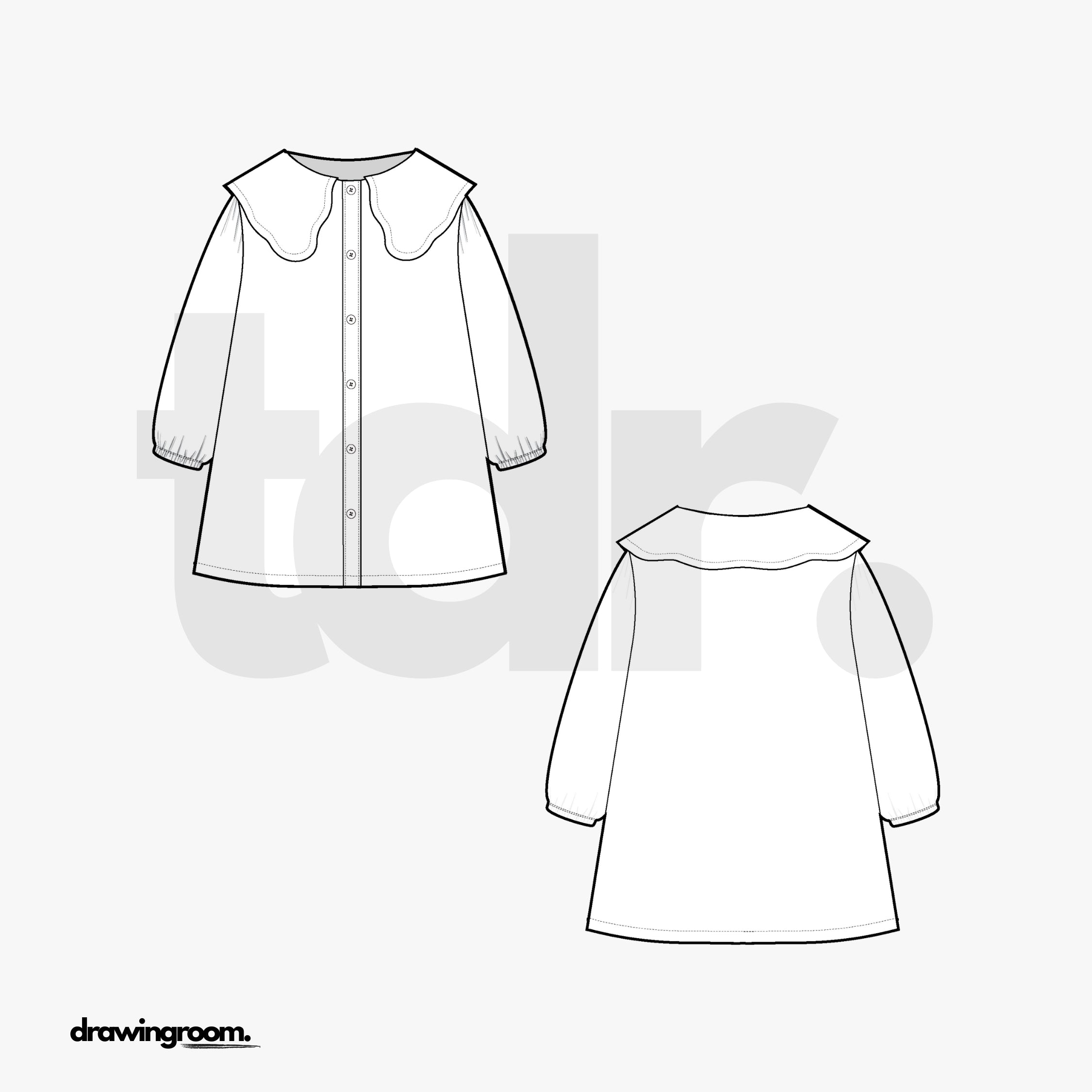 Children's Long Sleeve Button Up Dress with Peter Pan Collar - Flat Mockup Vector