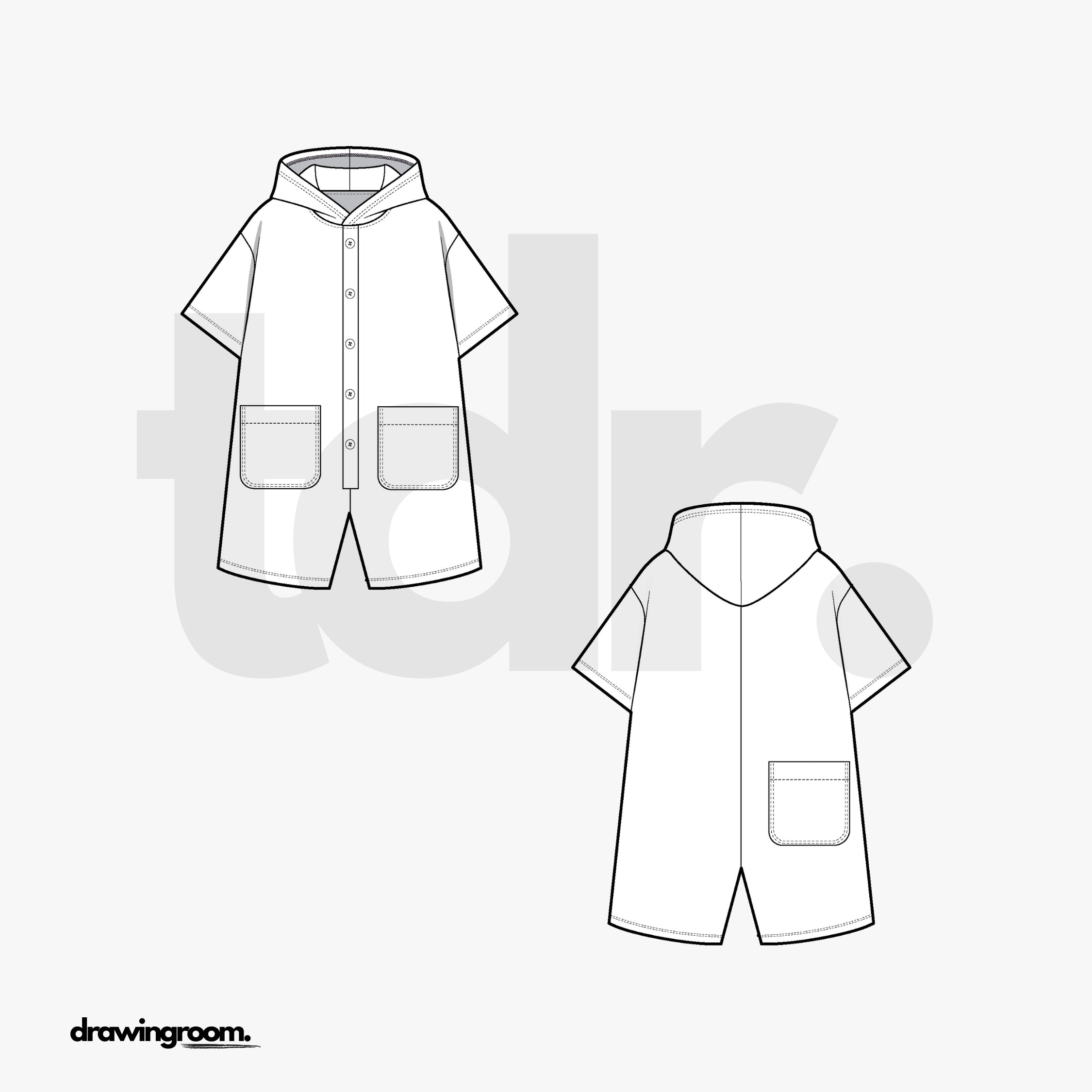 Children's Short Sleeve Button Up Romper with Hood - Flat Mockup Vector