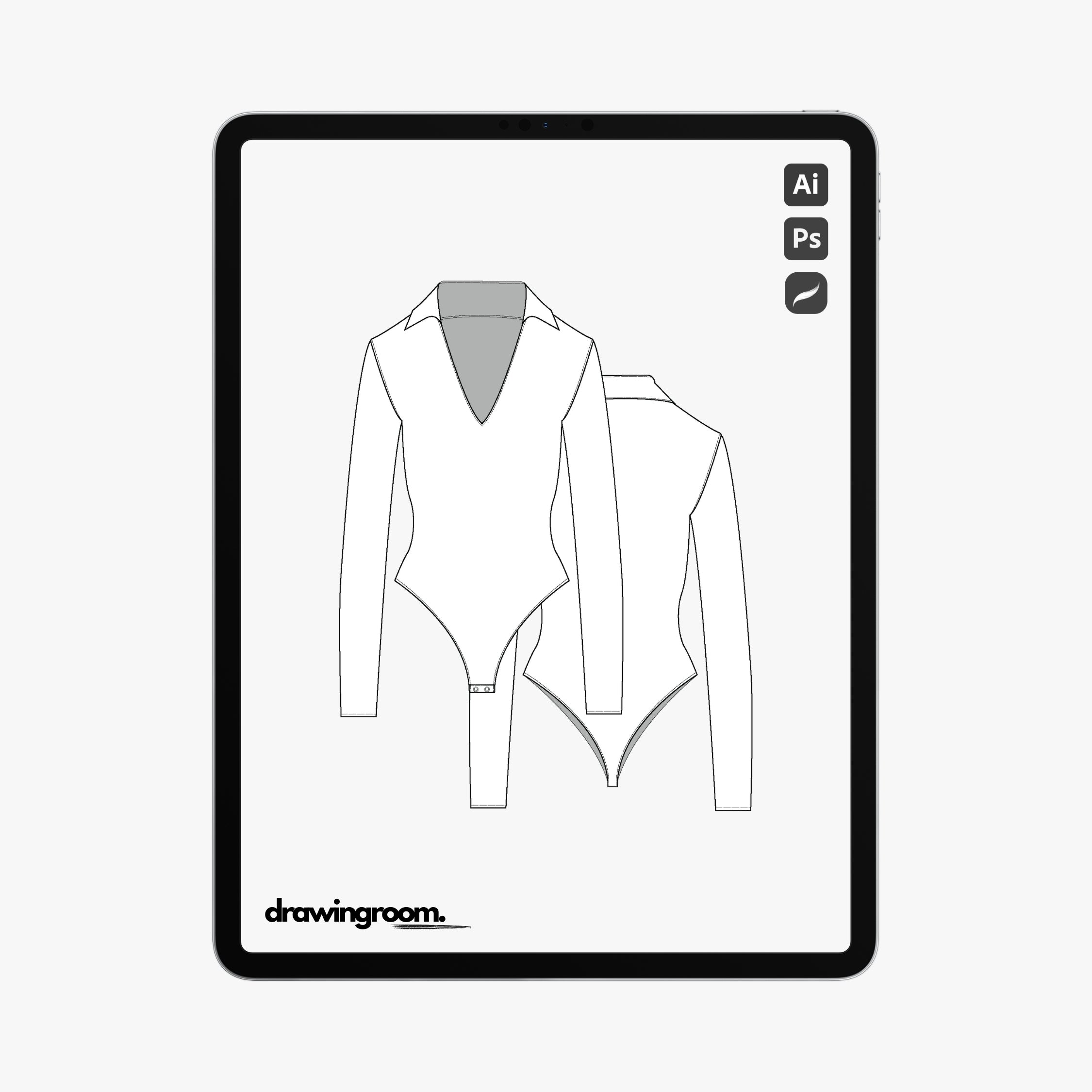 Collared Long Sleeve Body Suit - Flat Mockup Vector