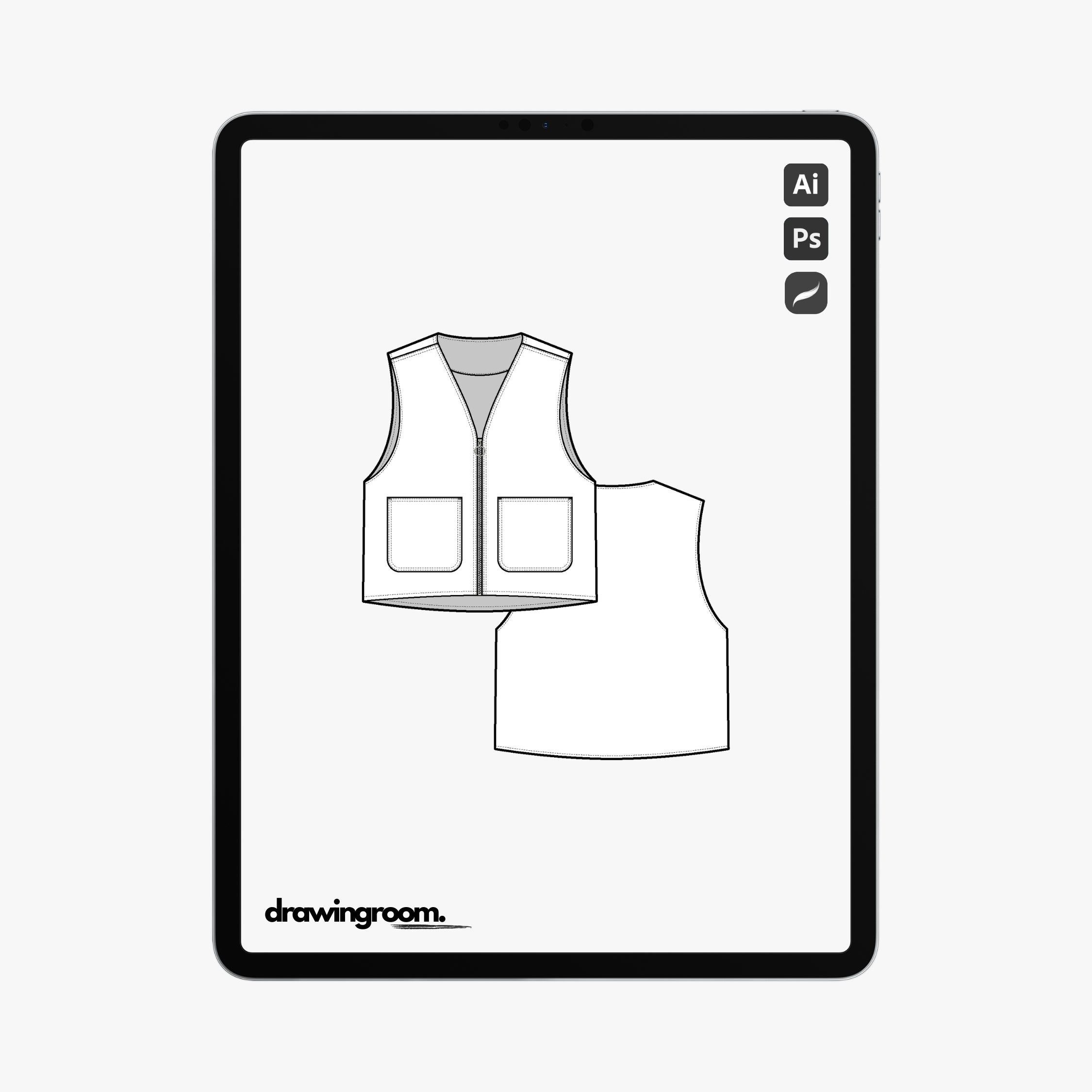 Cropped Fit Utility Vest with V-Neck - Flat Mockup Vector