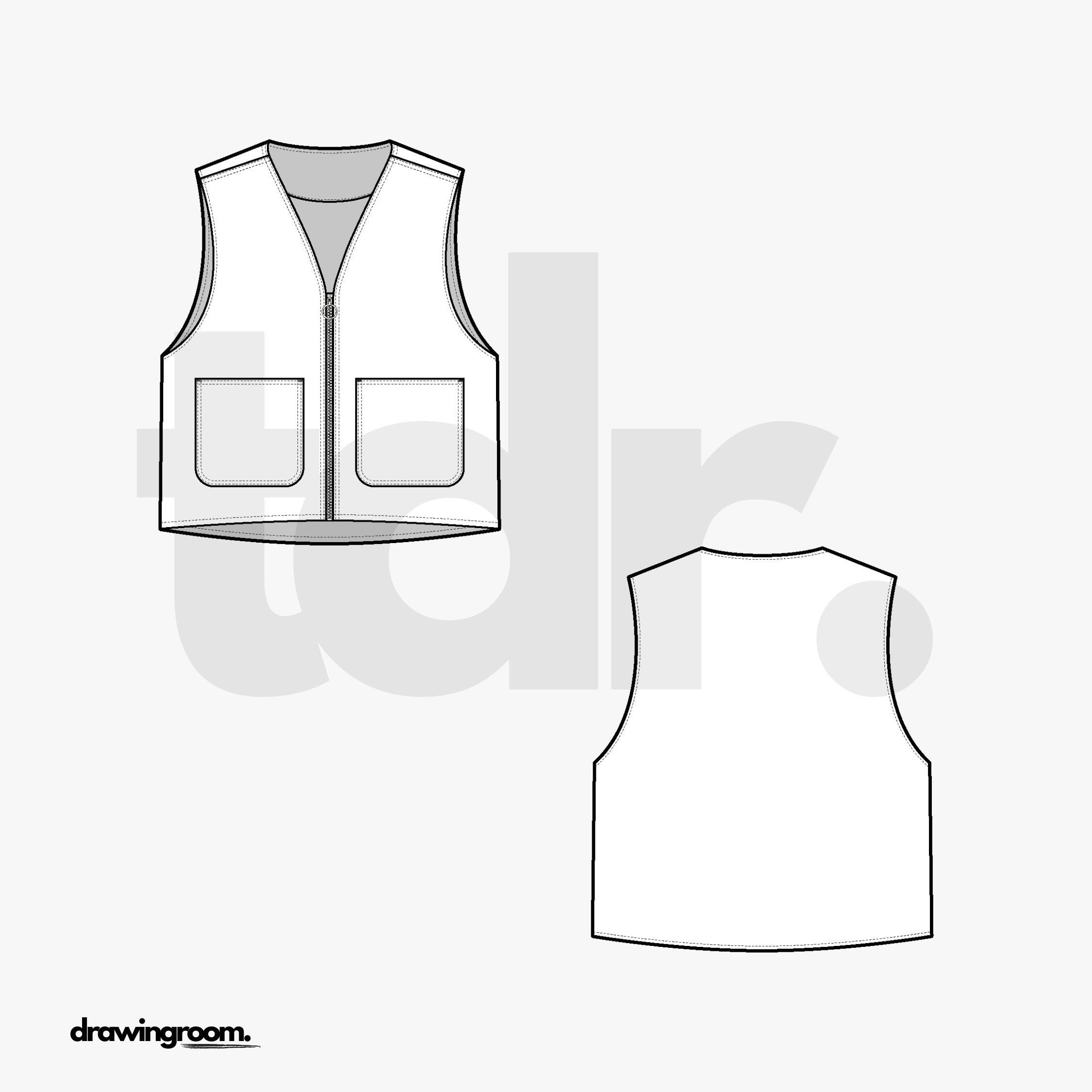 Cropped Fit Utility Vest with V-Neck - Flat Mockup Vector