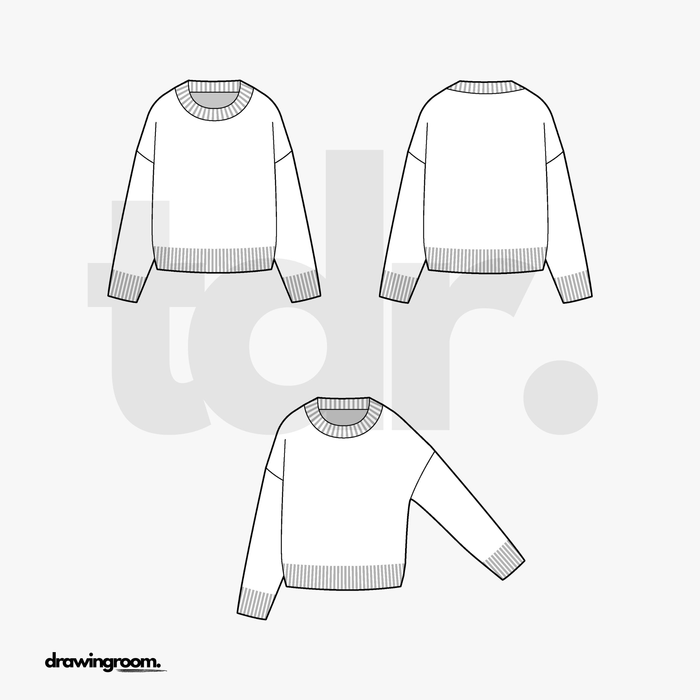 Cropped Oversized Fit Crewneck Pullover Sweater - Flat Mockup Vector