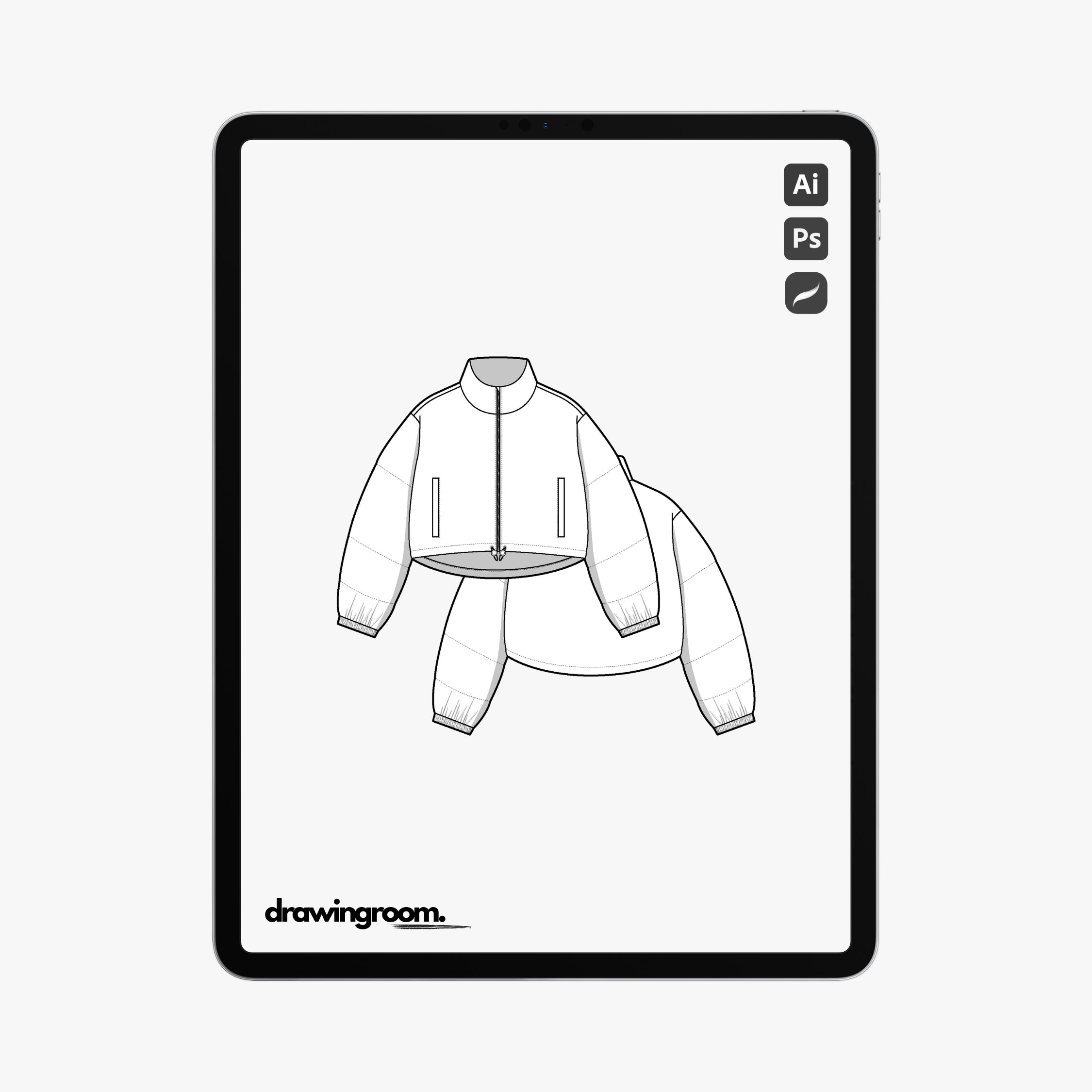 Cropped Oversized Fit Zip Up Puffer Jacket with Welt Pockets - Flat Mockup Vector