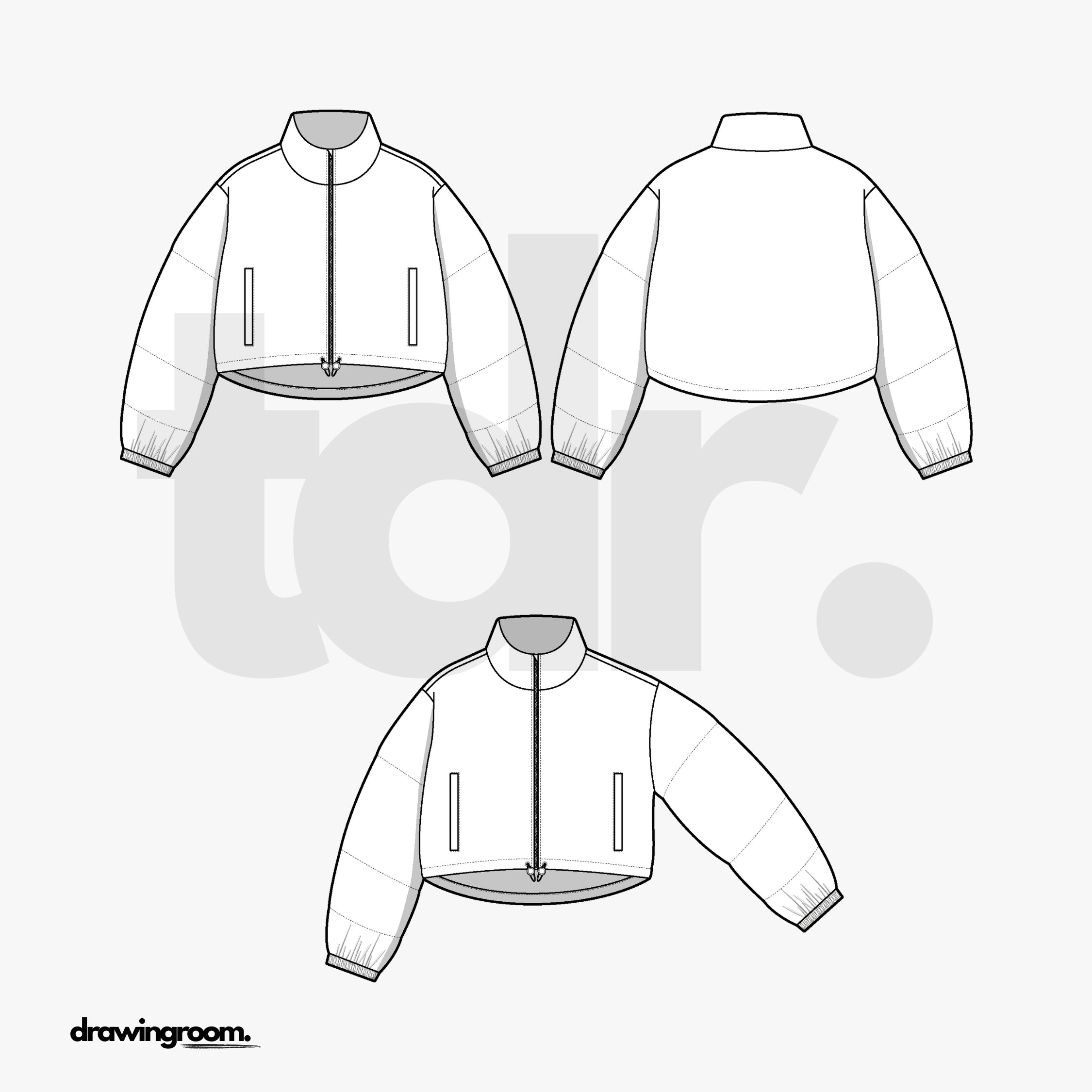 Cropped Oversized Fit Zip Up Puffer Jacket with Welt Pockets - Flat Mockup Vector