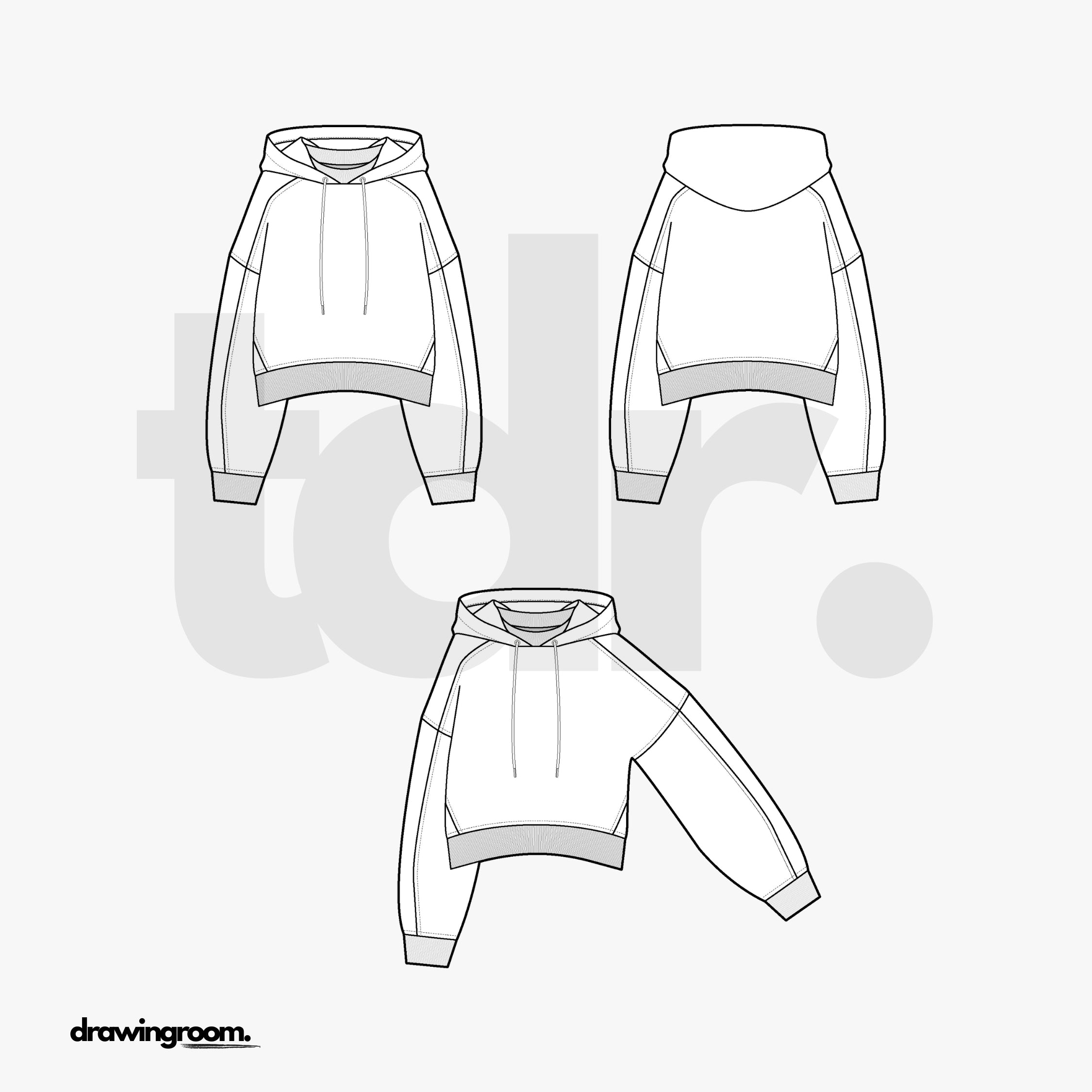 Cropped Relaxed Fit Pullover Hoodie with Sleeve Cut and Sew Details - Flat Mockup Vector