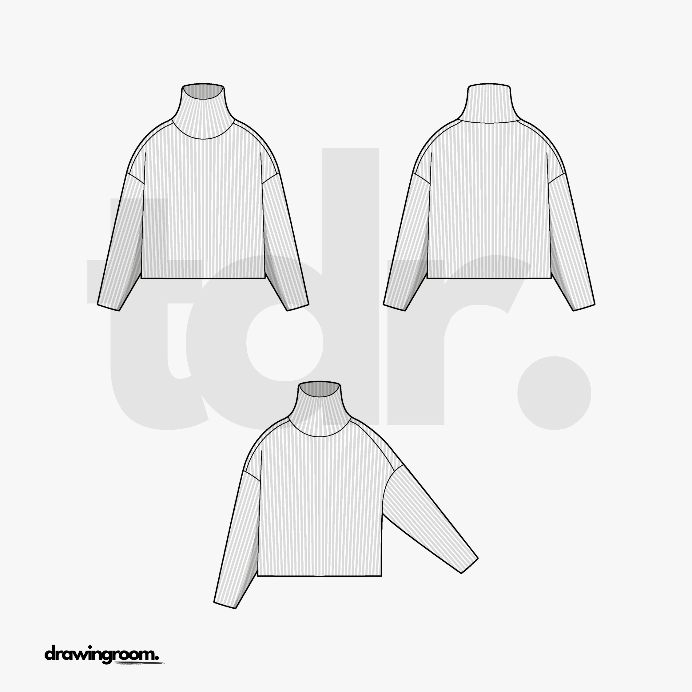 Cropped Relaxed Fit Ribbed Turtle Neck Pullover Sweater - Flat Mockup Vector