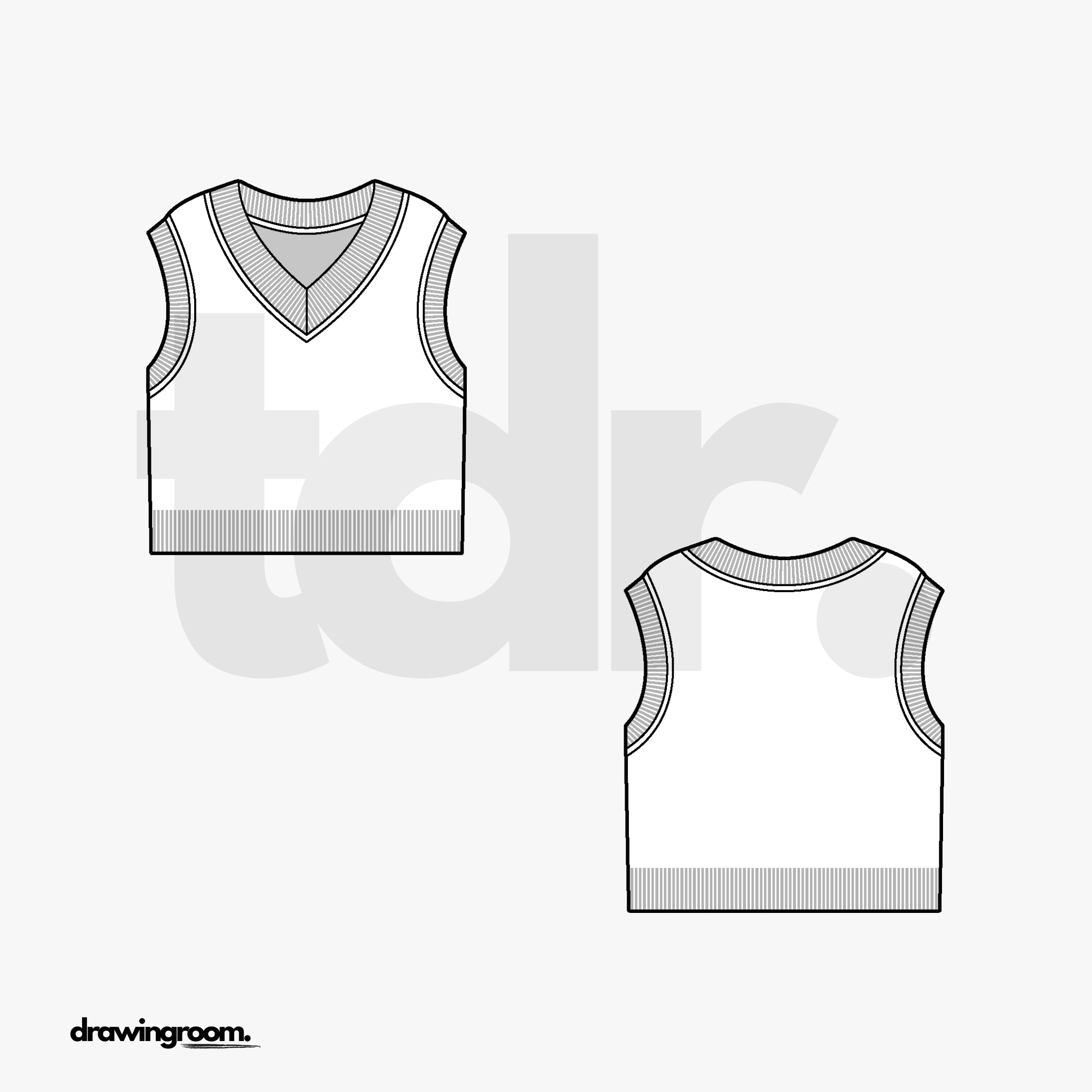 Cropped Slim Fit V-Neck Sweater Vest with Neck and Cuff Ribbing - Flat Mockup Vector