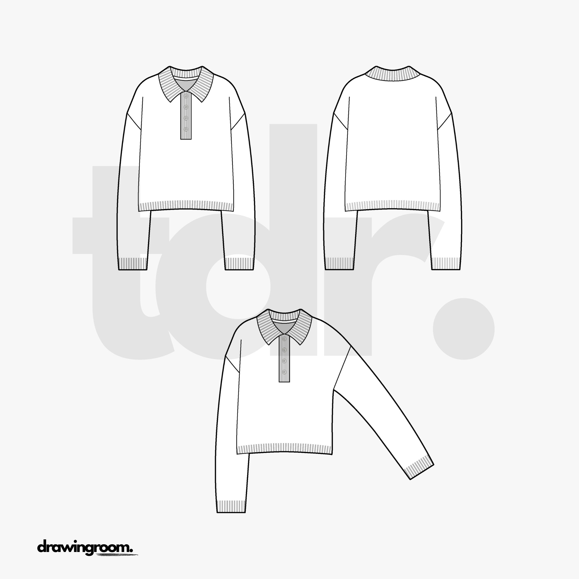 Cropped Straight Fit Button Up Polo Sweat Shirt with Ribbed Collar - Flat Mockup Vector