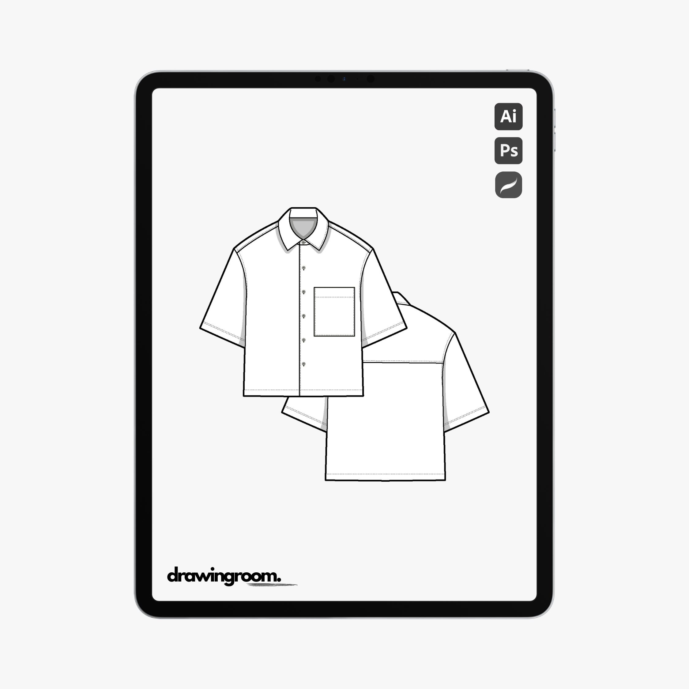 Cropped Straight Fit Short Sleeve Button Up Shirt with Front Patch Pocket and Back Yoke - Flat Mockup Vector