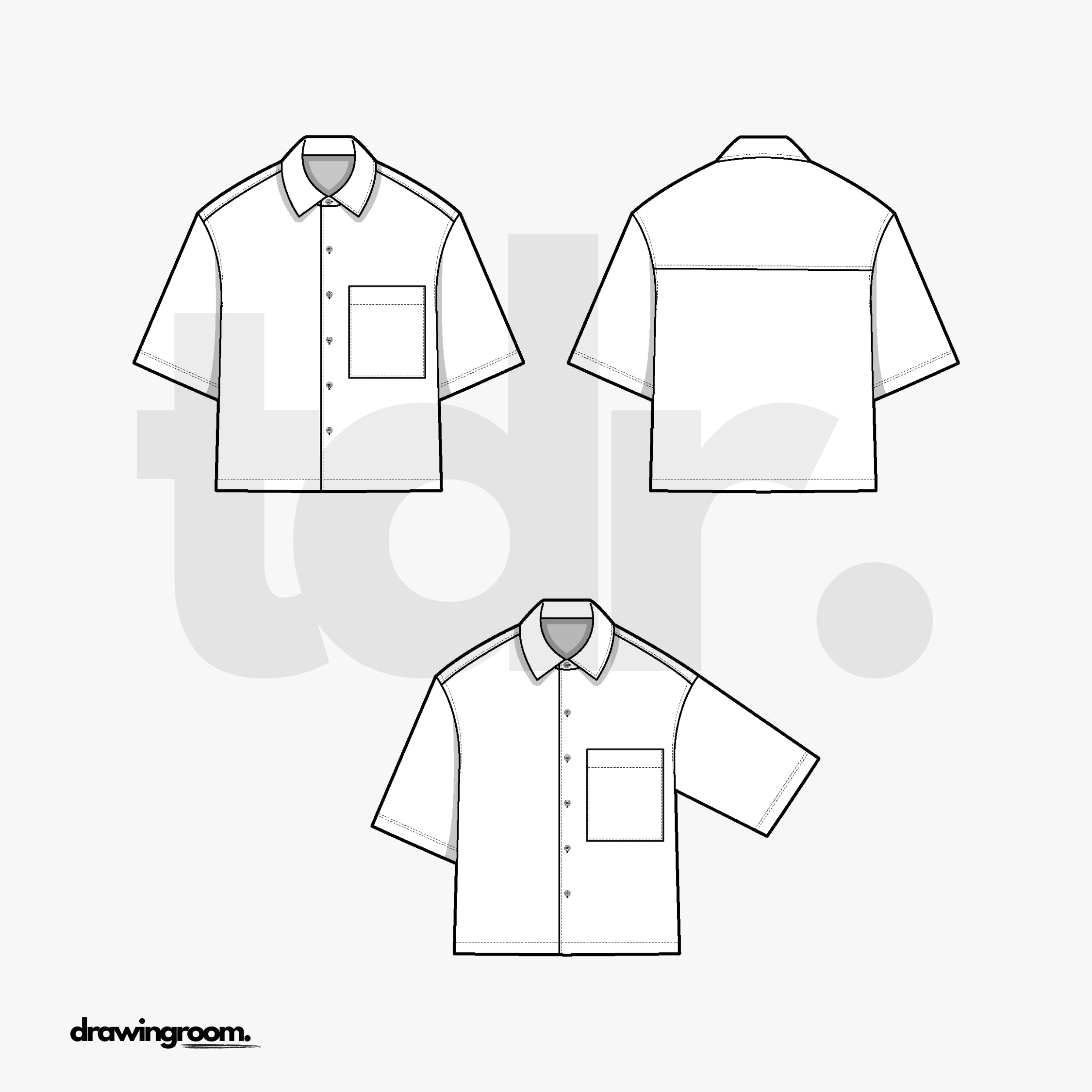 Cropped Straight Fit Short Sleeve Button Up Shirt with Front Patch Pocket and Back Yoke - Flat Mockup Vector