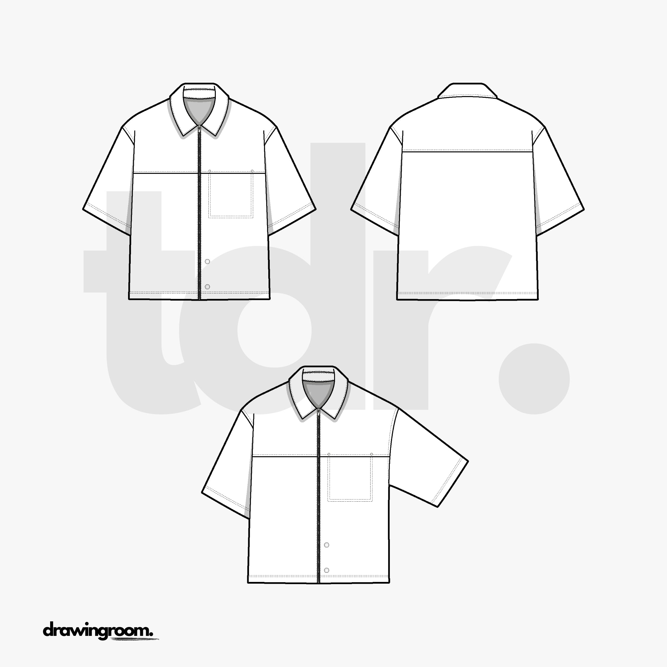 Cropped Straight Fit Short Sleeve Button Up with Front and Back Yoke - Flat Mockup Vector