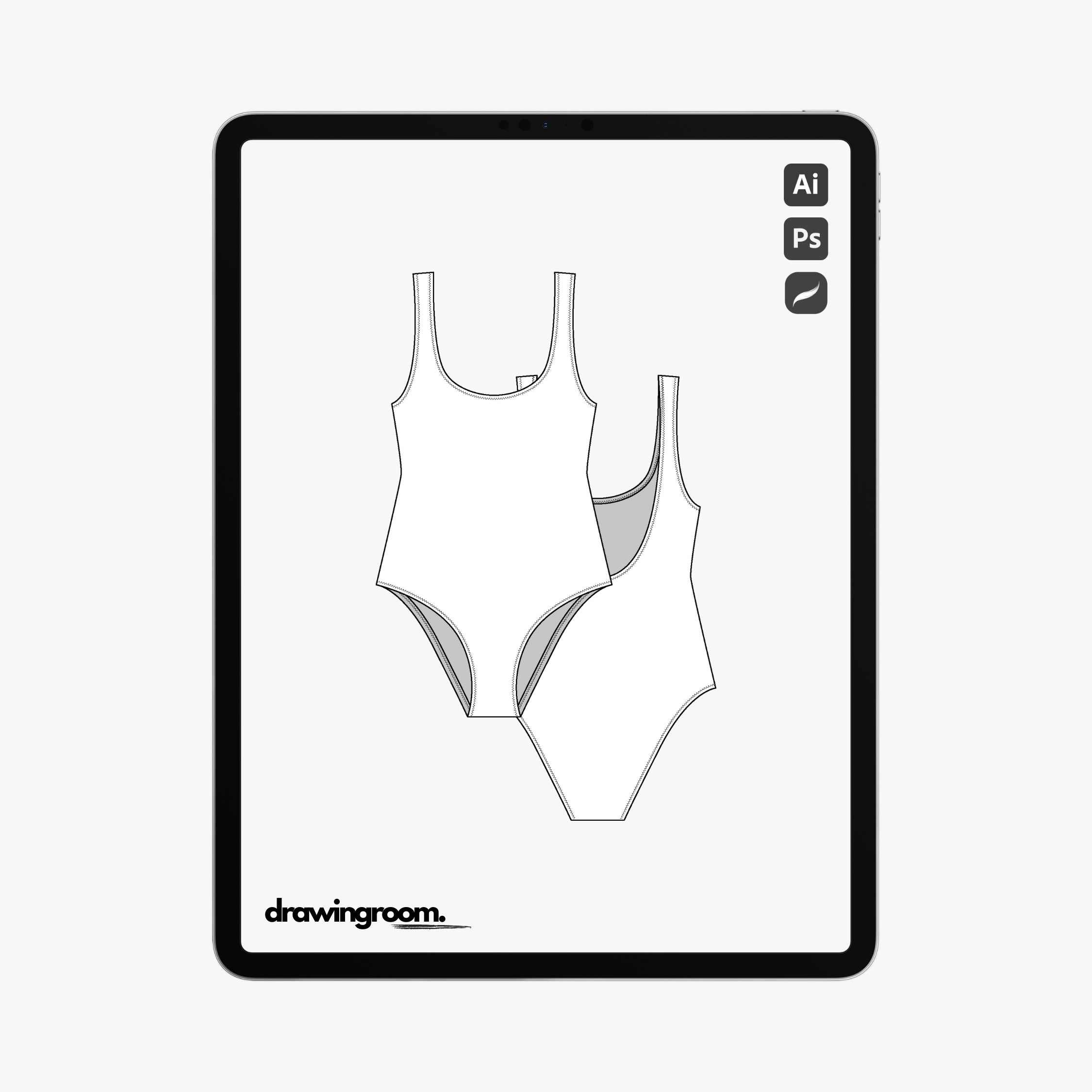 Curve Neck and Deep Back One Piece Swim Suit - Flat Mockup Vector