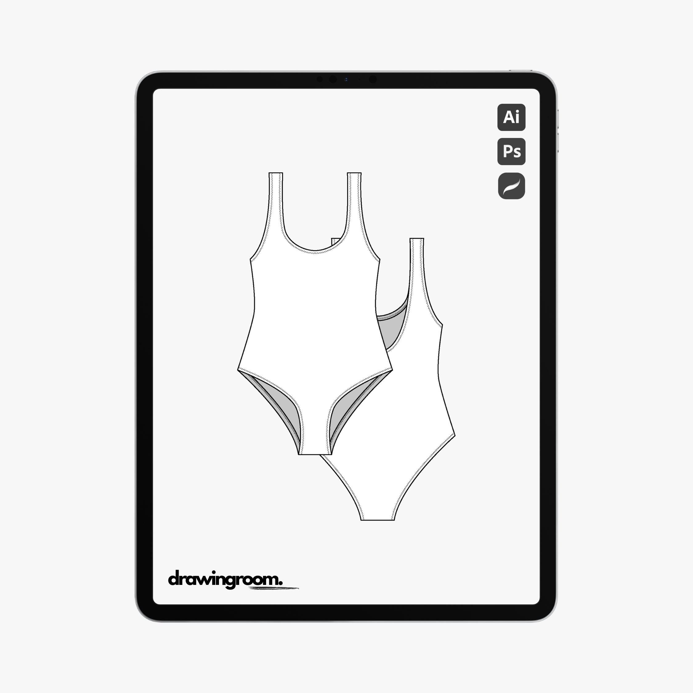 Curved Front and Back Neck One Piece Swim Suit - Flat Mockup Vector