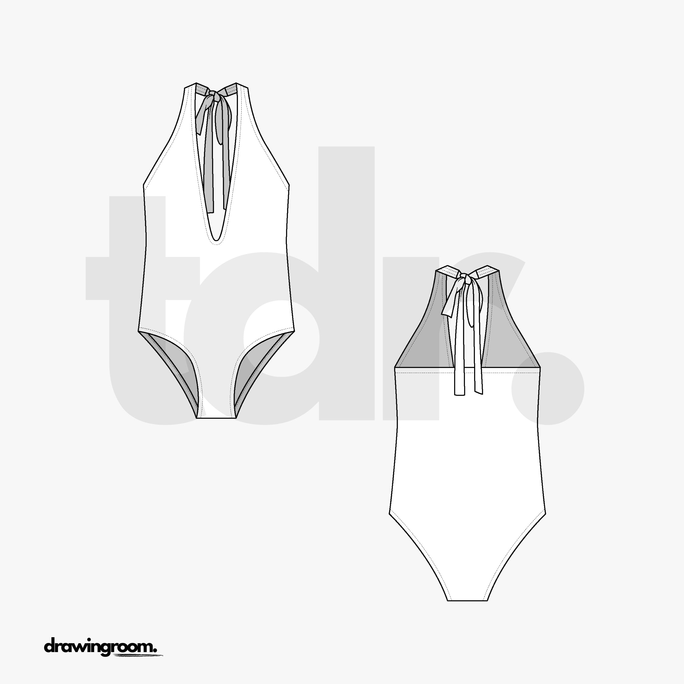 Deep Neck Line Halter Top One Piece Swim Suit - Flat Mockup Vector