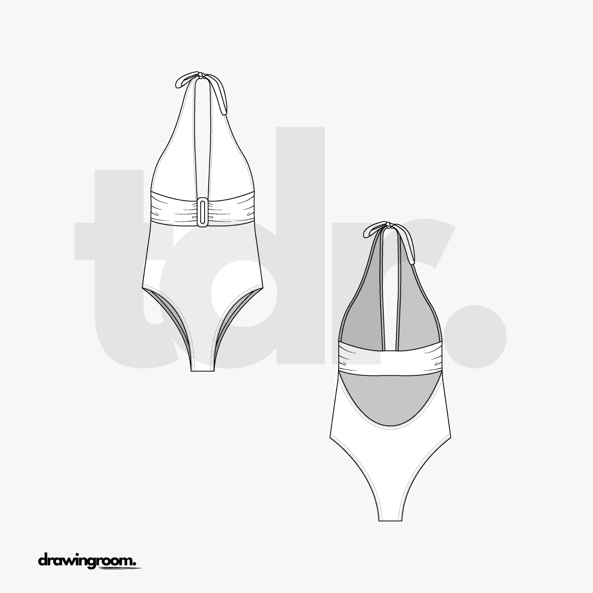 Deep Neck Line Halter Top with Belt One Piece Swim Suit - Flat Mockup Vector