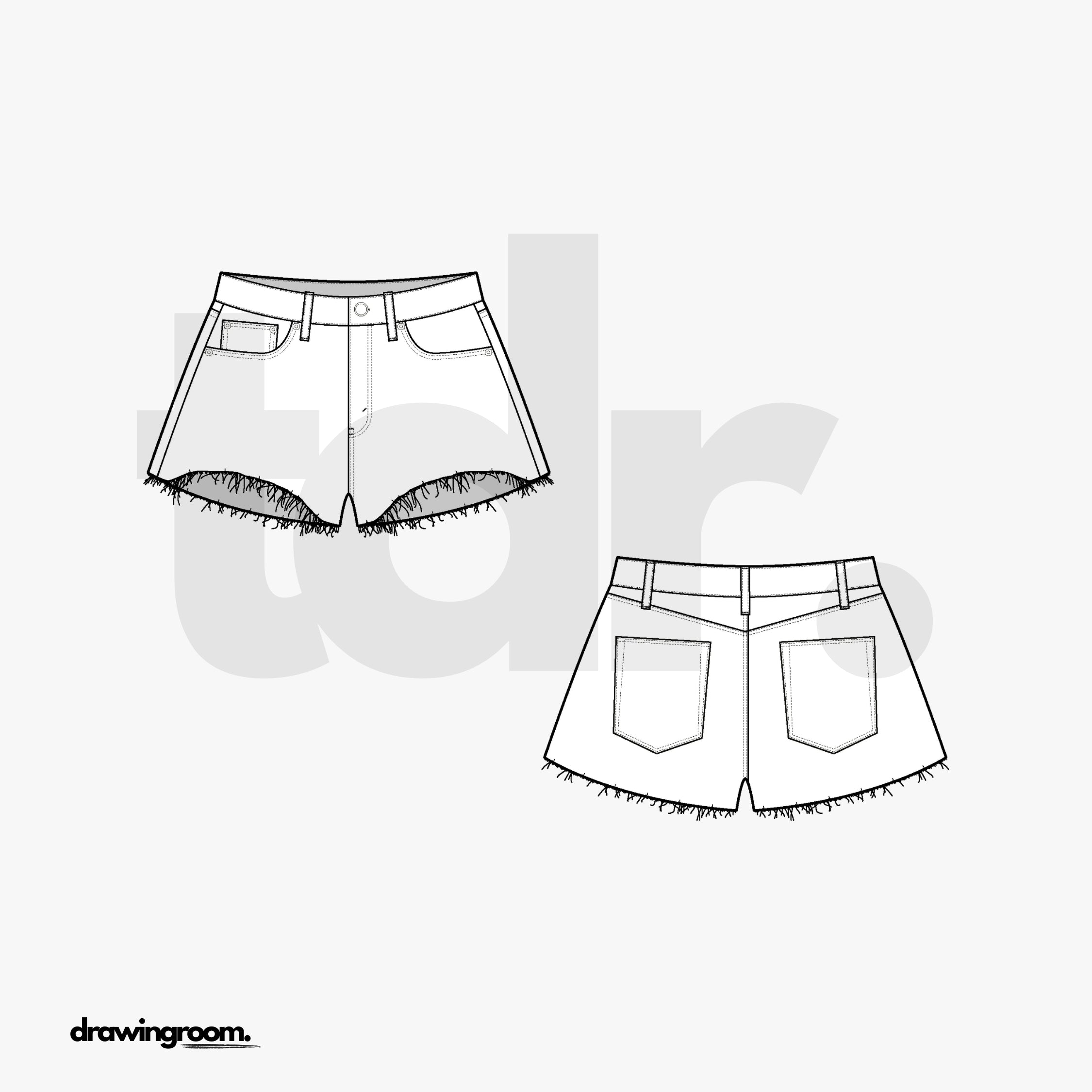 Denim Shorts with Distressed Hem - Flat Mockup Vector