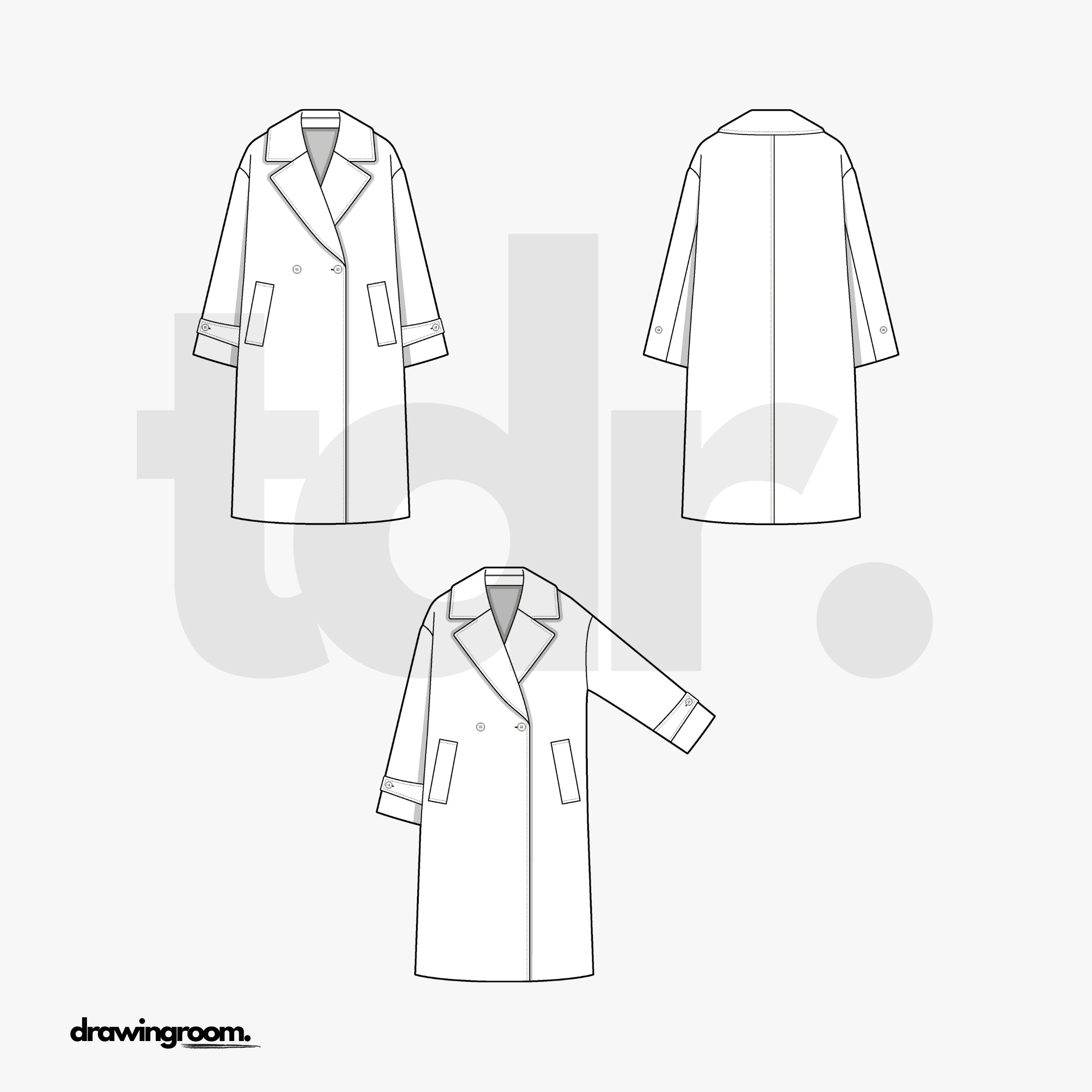 Double Breasted Coat with Notched Collar - Flat Mockup Vector