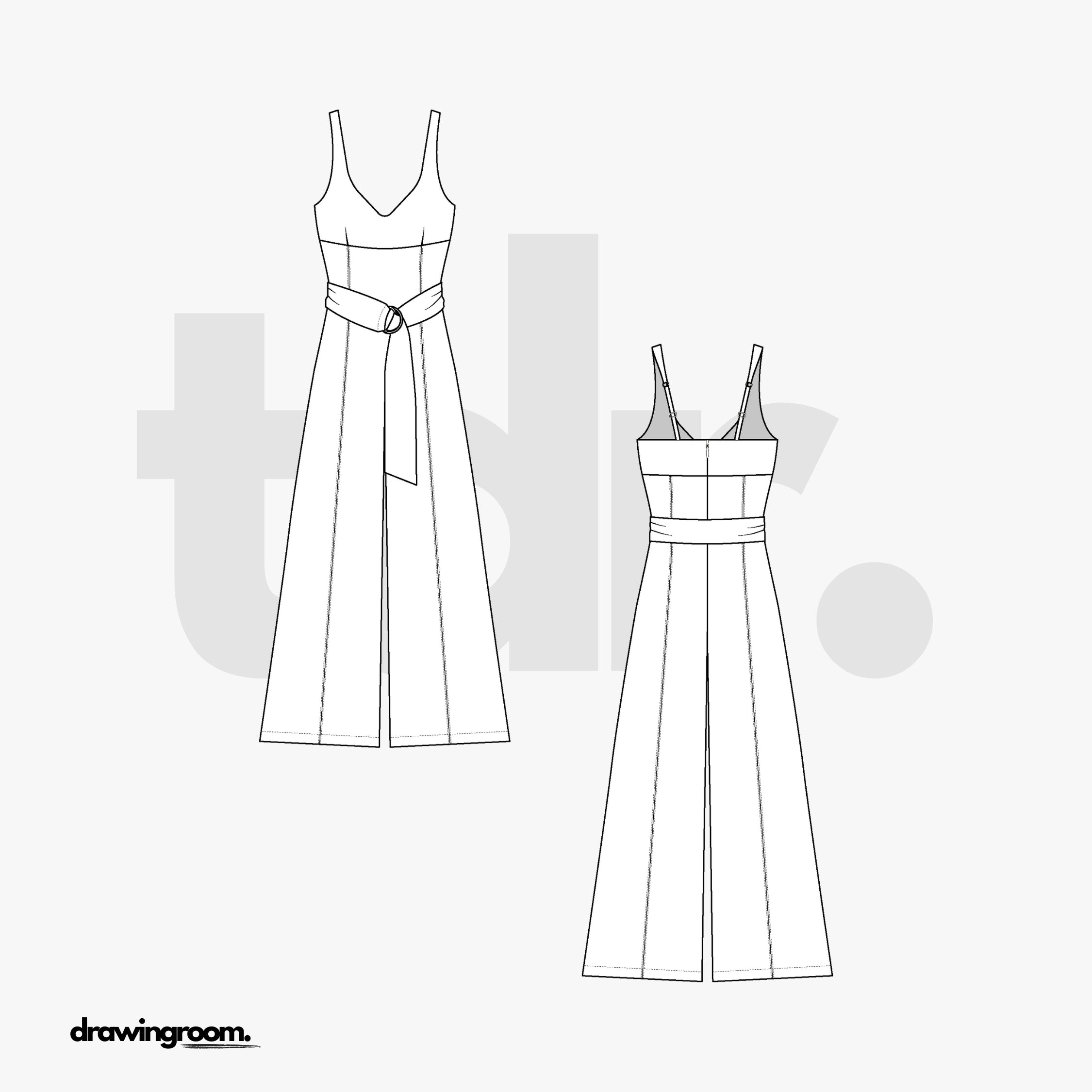 Empire Waist Belted Jumpsuit - Flat Mockup Vector