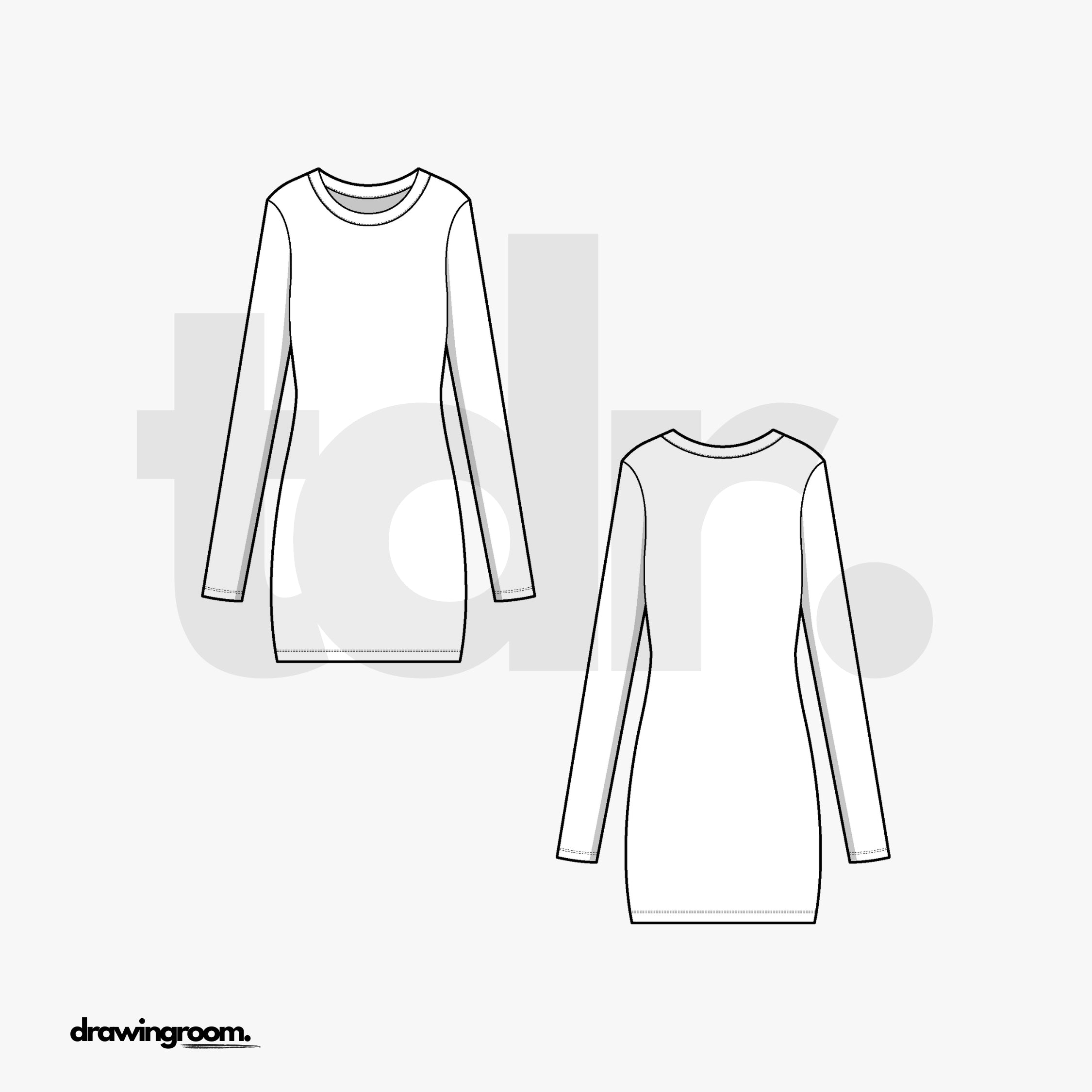 Fitted Above Knee Long Sleeve Dress - Flat Mockup Vector