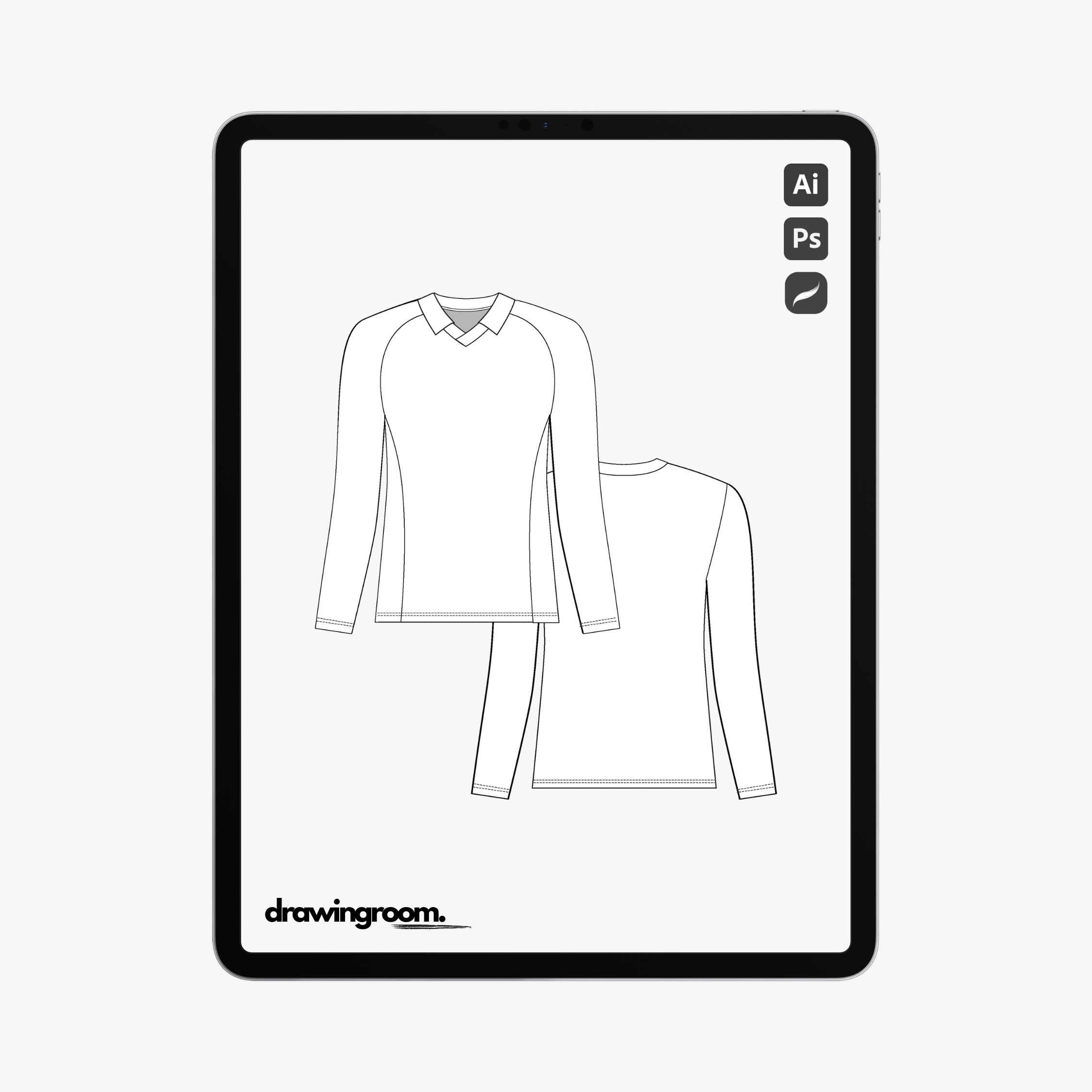 Fitted Long Sleeve Athletic Shirt with Collar - Flat Mockup Vector